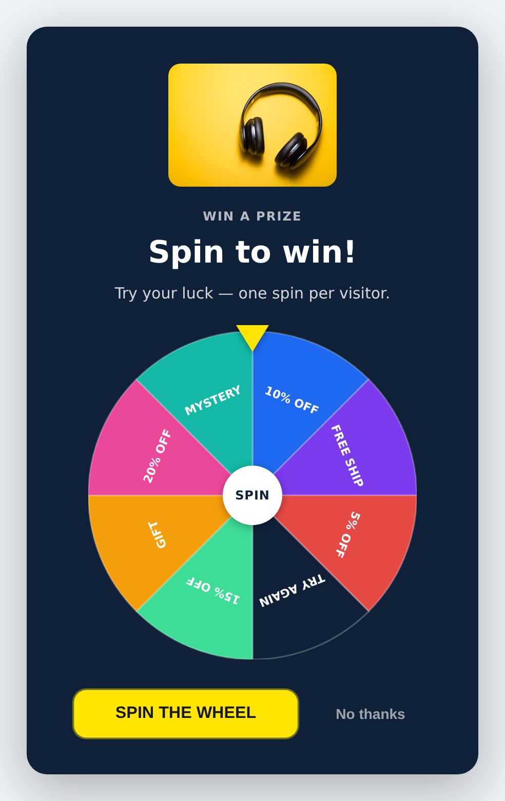 Spin Wheel stacked layout with the wheel between the text and the button