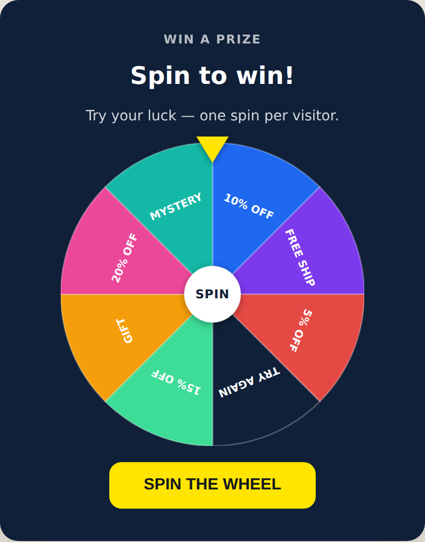 Spin Wheel with colored segments, a pointer, and a spin button