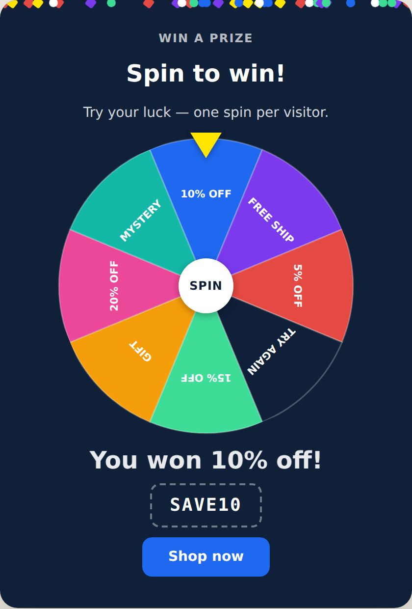 Spin Wheel showing a win with confetti, the prize, and a coupon code
