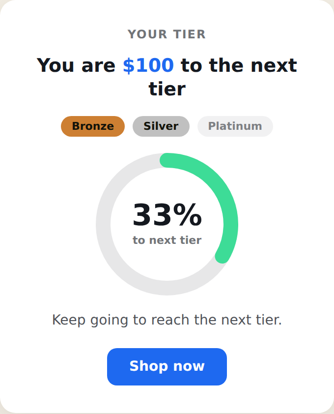 Tiered Status Card with a ring, Bronze and Silver reached, heading to Platinum