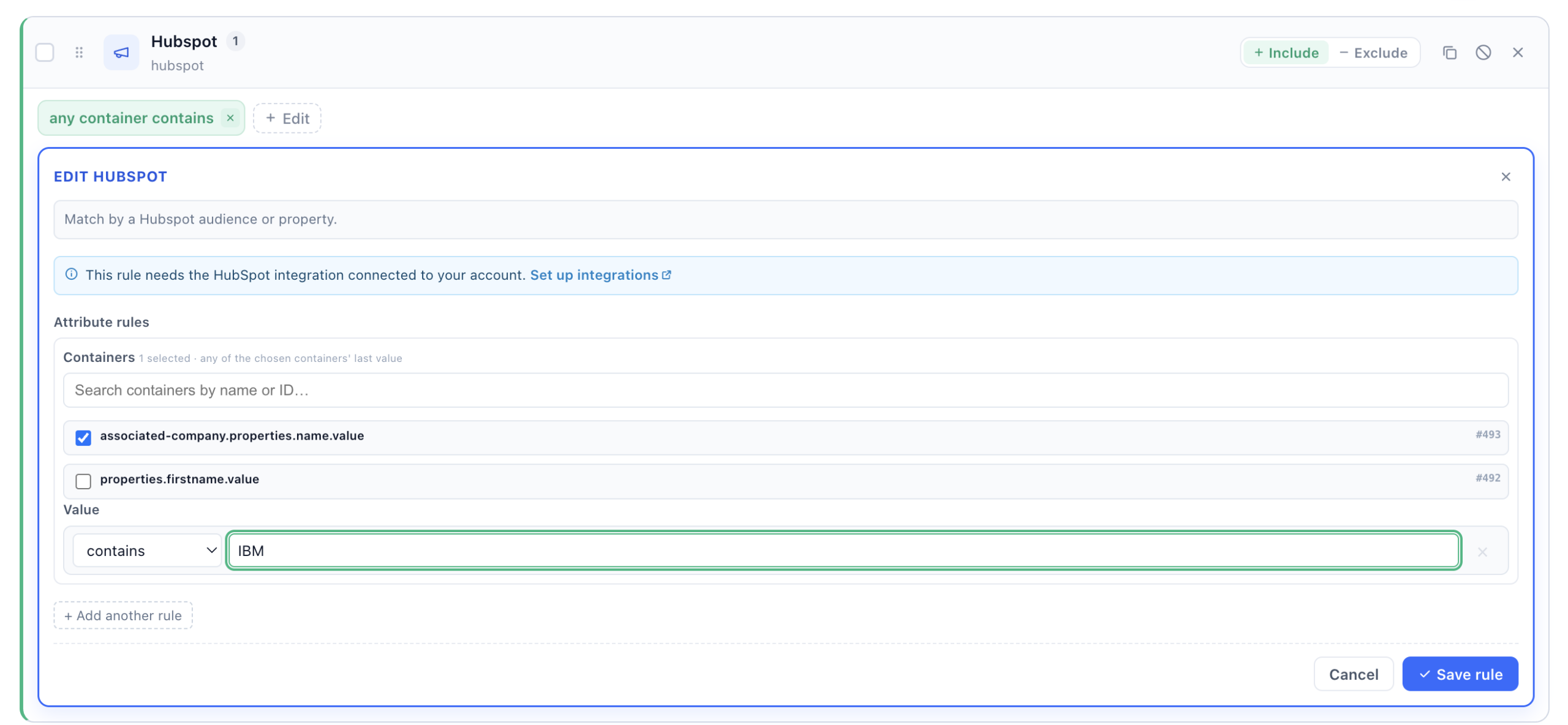 The HubSpot targeting rule editor.