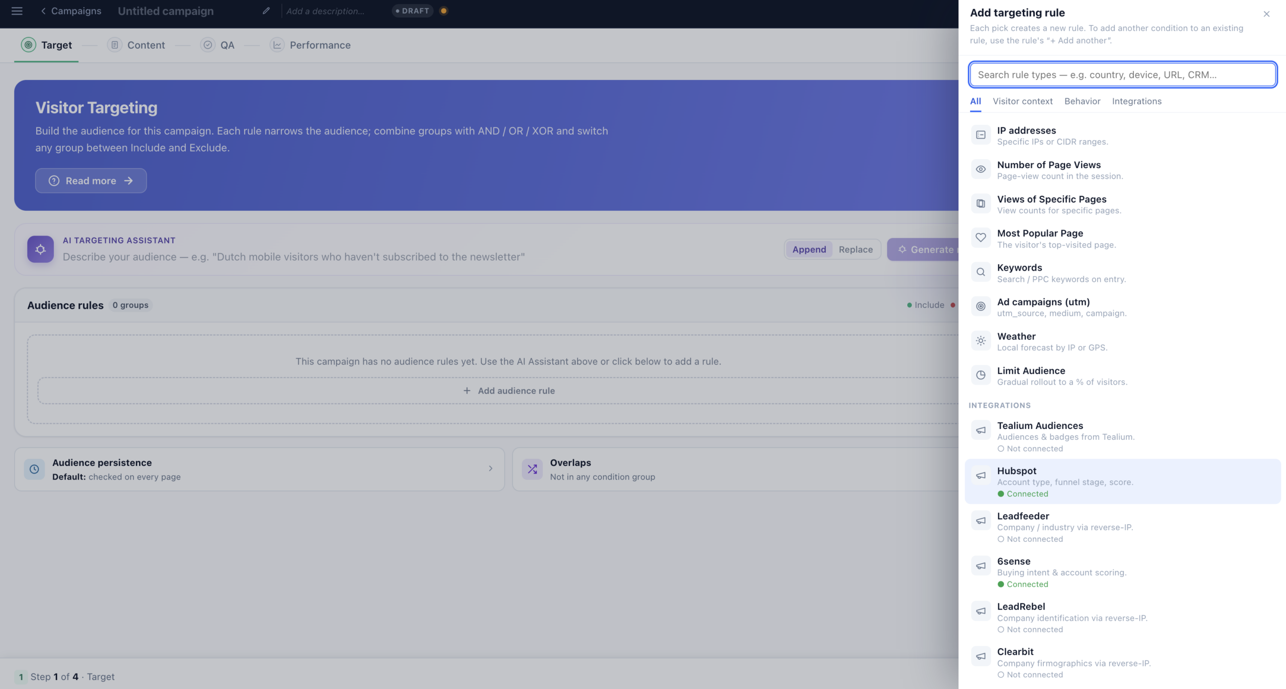 The Add-targeting-rule picker with HubSpot under Integrations.