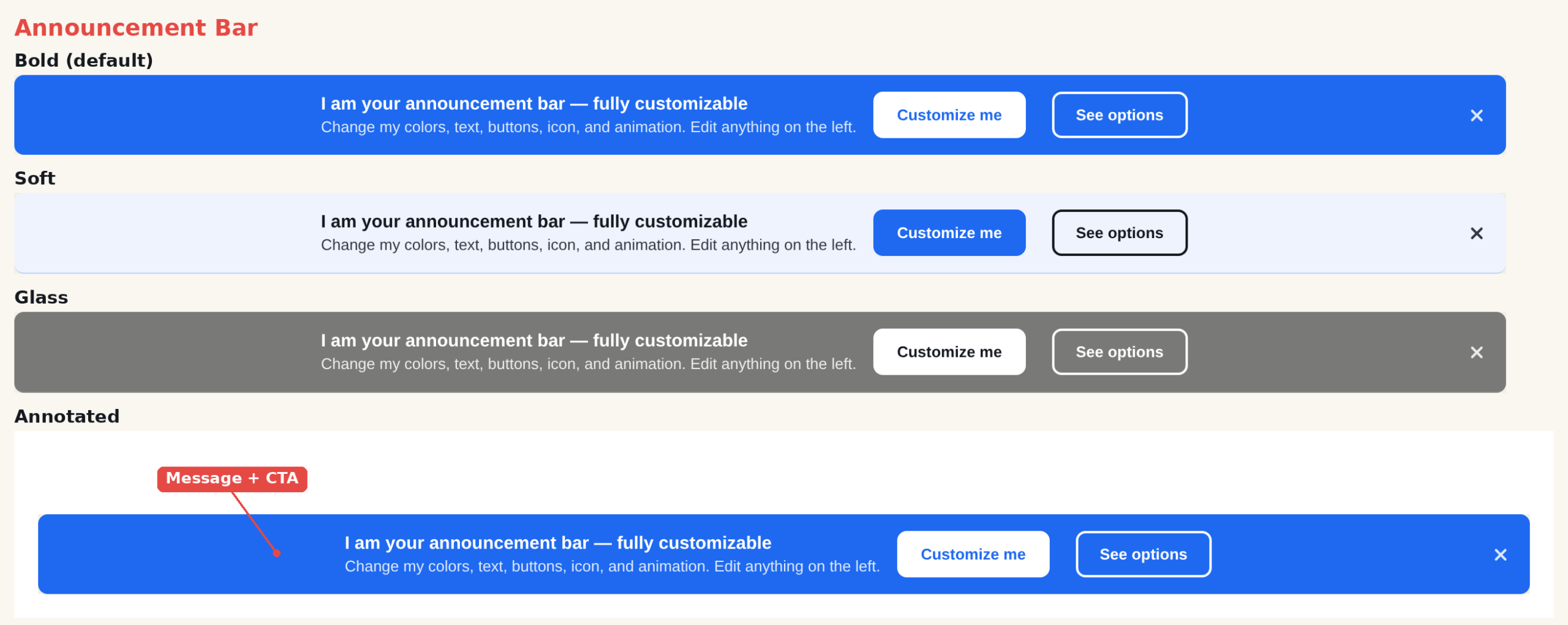 Announcement Bar template shown in the bold, soft, and glass presets, with an annotated view of the message and CTA area