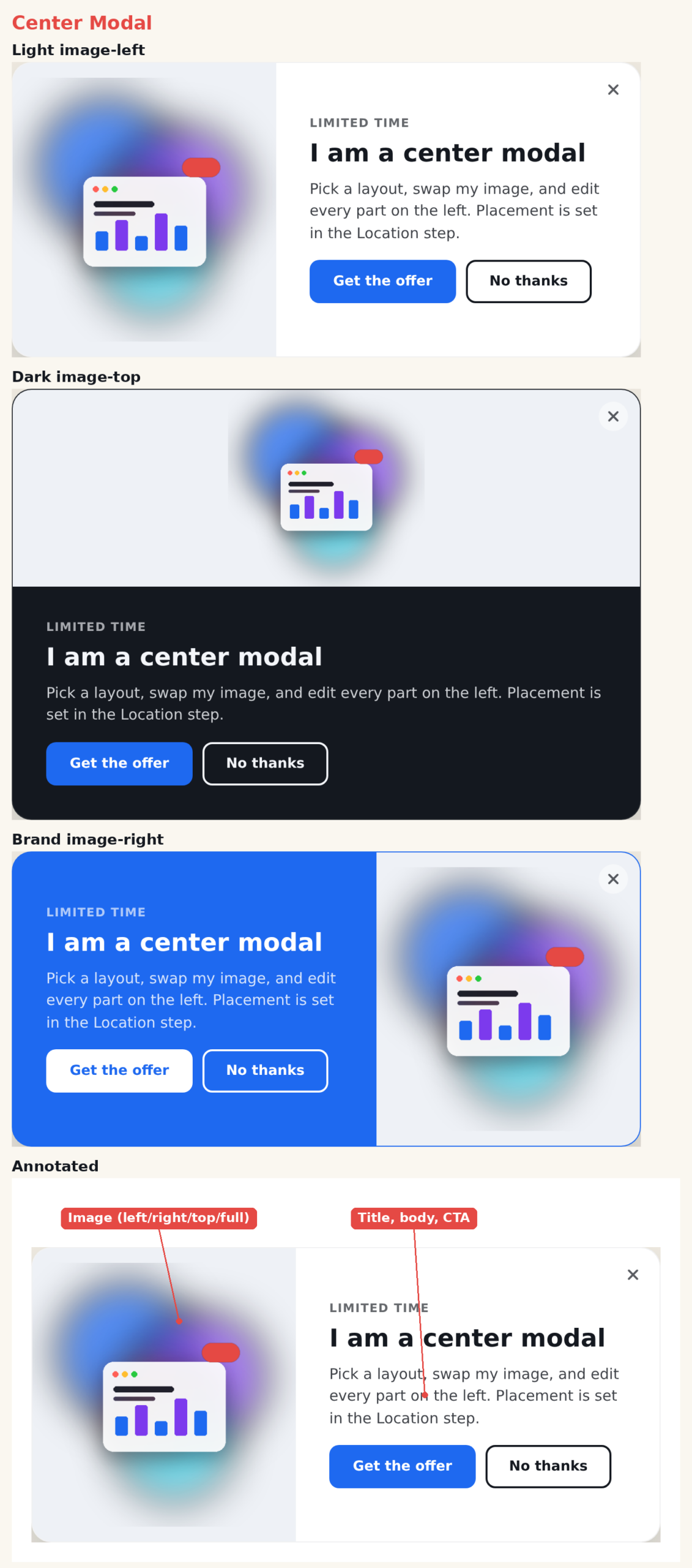 Center Modal template with image-left, image-top, and image-right layouts across light, dark, and brand presets
