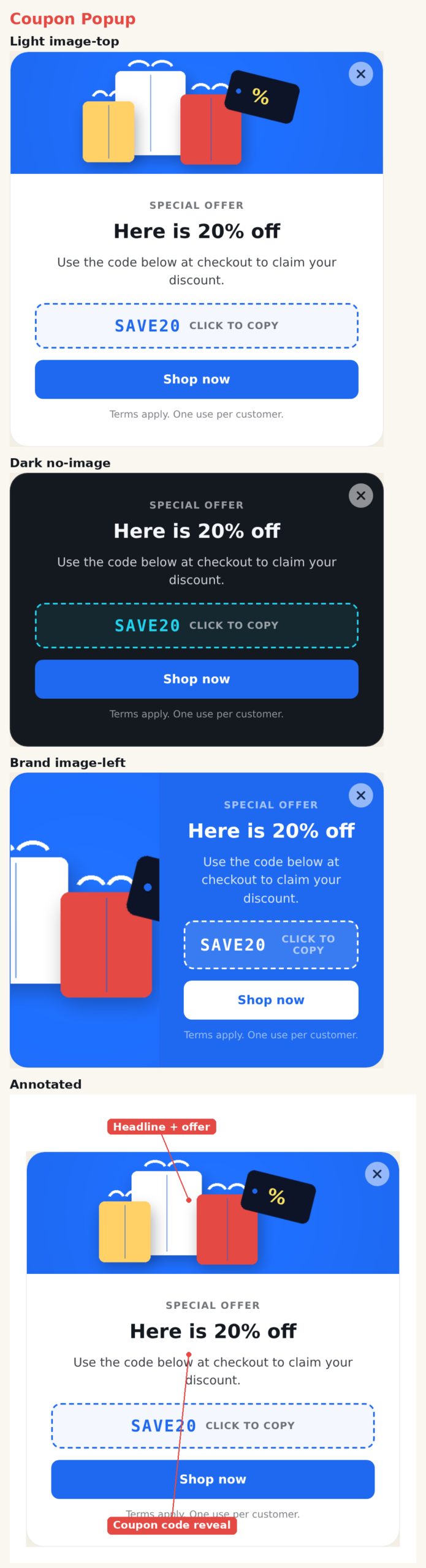 Coupon Popup template with image-top, no-image, and image-left layouts across light, dark, and brand presets, plus an annotated view of the code reveal