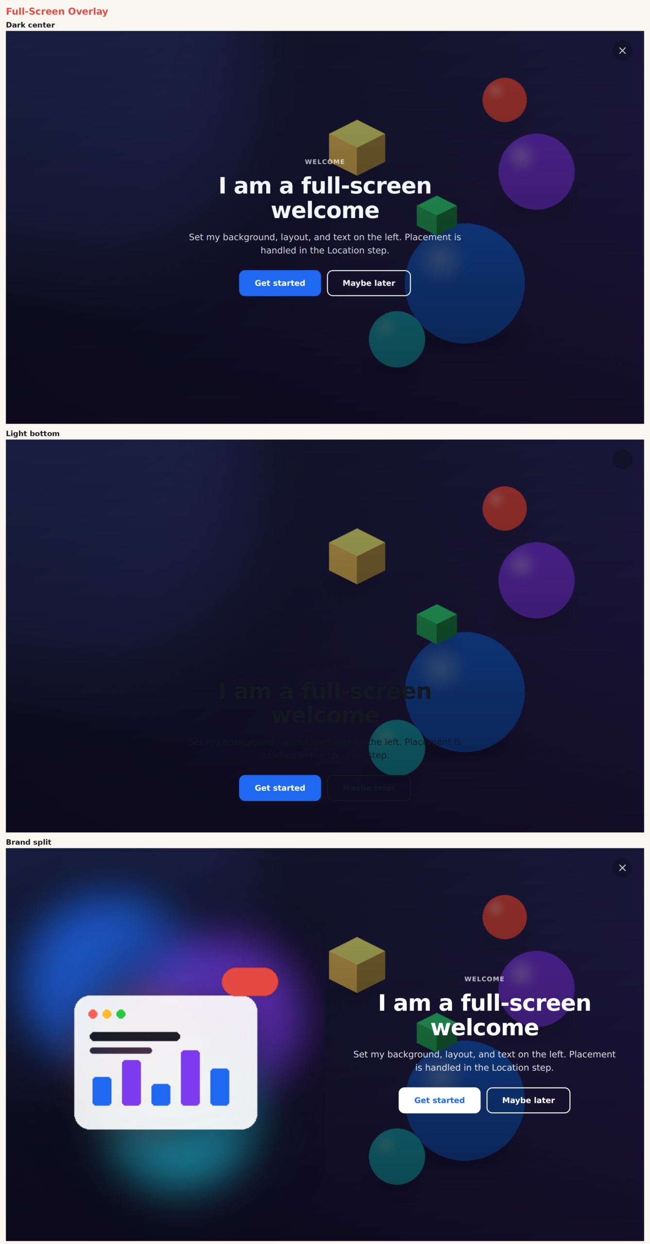 Full-Screen Overlay template in dark-center, light-bottom, and brand-split layouts
