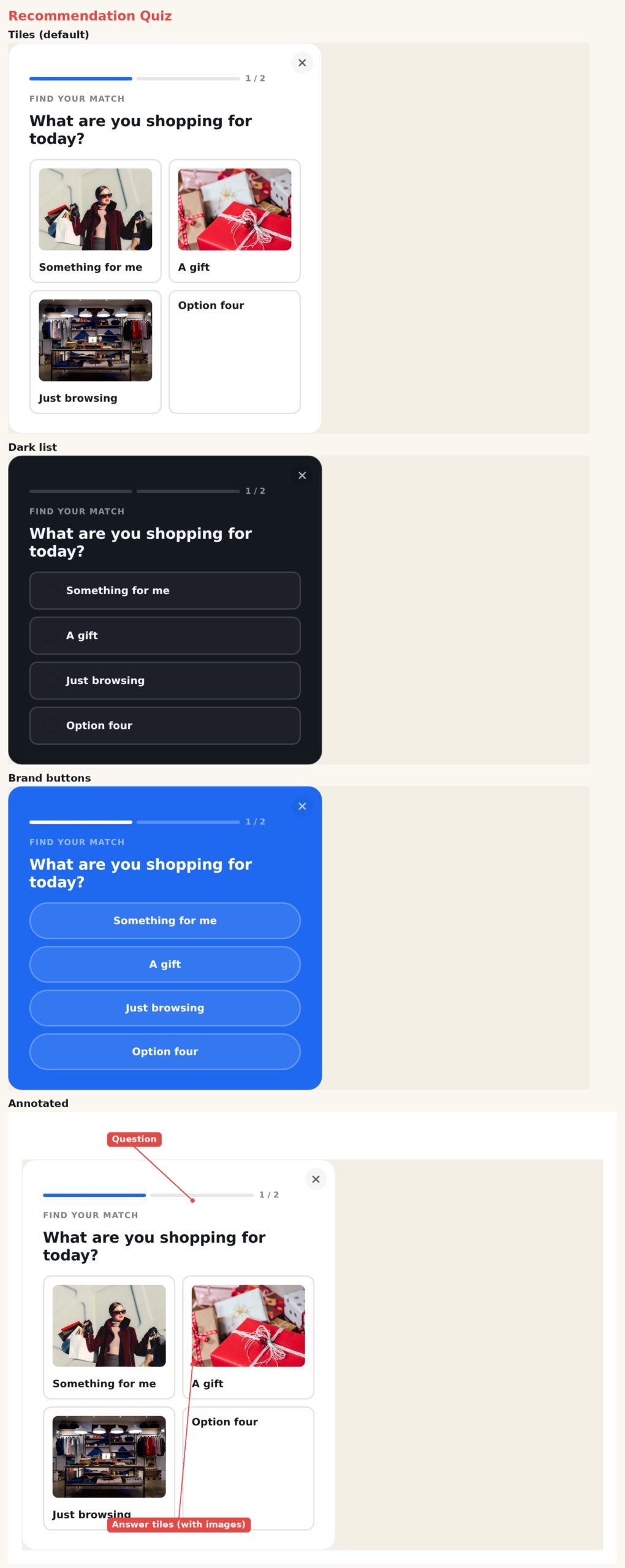 Recommendation Quiz template with the tiles-with-images layout, a dark list layout, and a brand buttons layout, plus an annotated view of a question and its answers