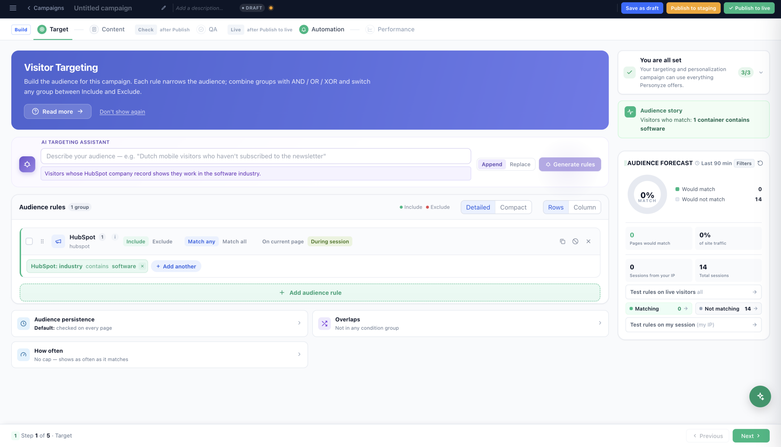 The AI targeting assistant on a campaign Target step turning the prompt about HubSpot software-industry companies into the audience rule HubSpot industry contains software, with a live audience forecast