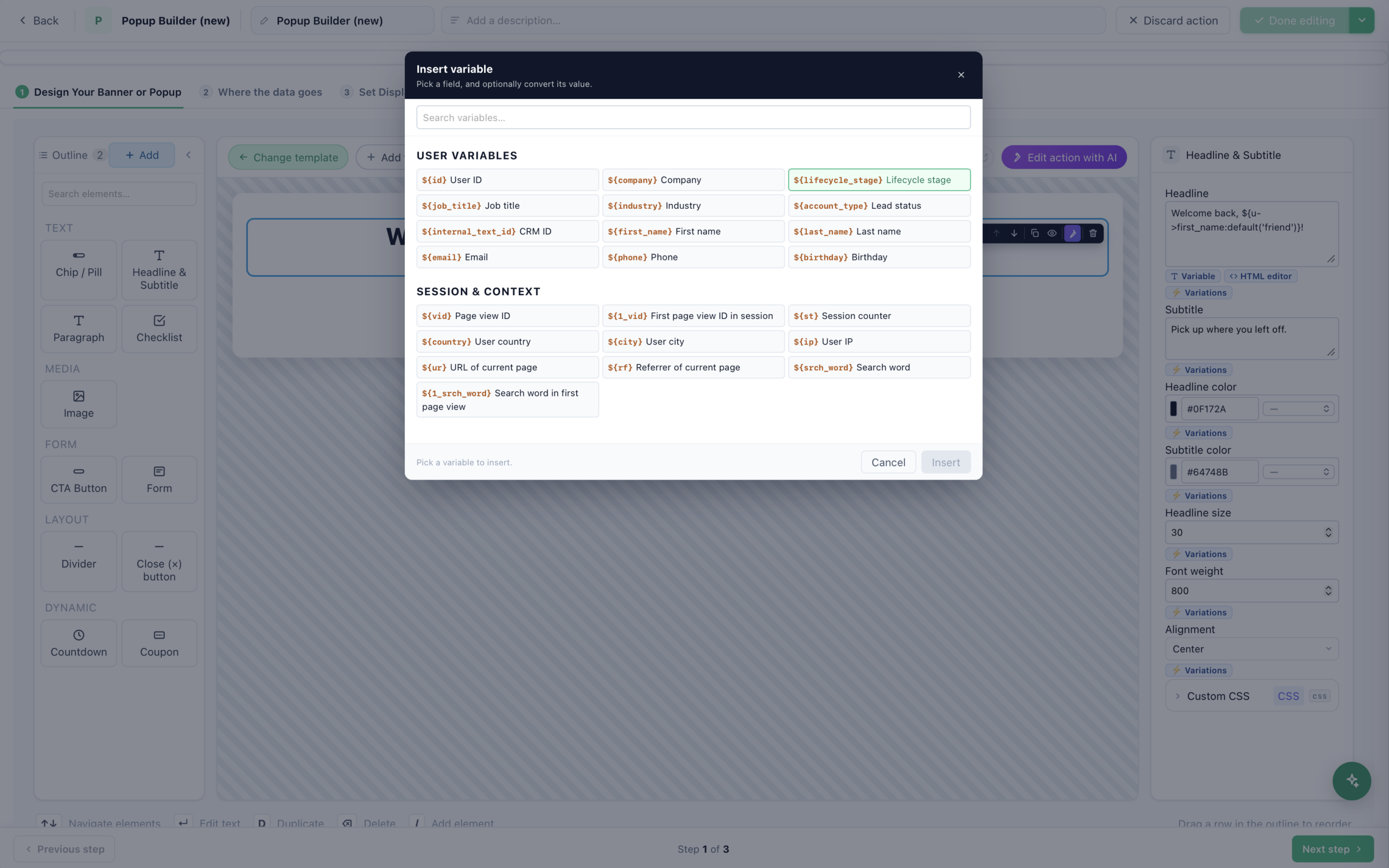 The Insert variable picker in the Personyze Popup Builder, showing HubSpot CRM fields Lifecycle stage, Industry, Lead status, Job title and Company under User Variables, beside a headline that uses the first-name variable