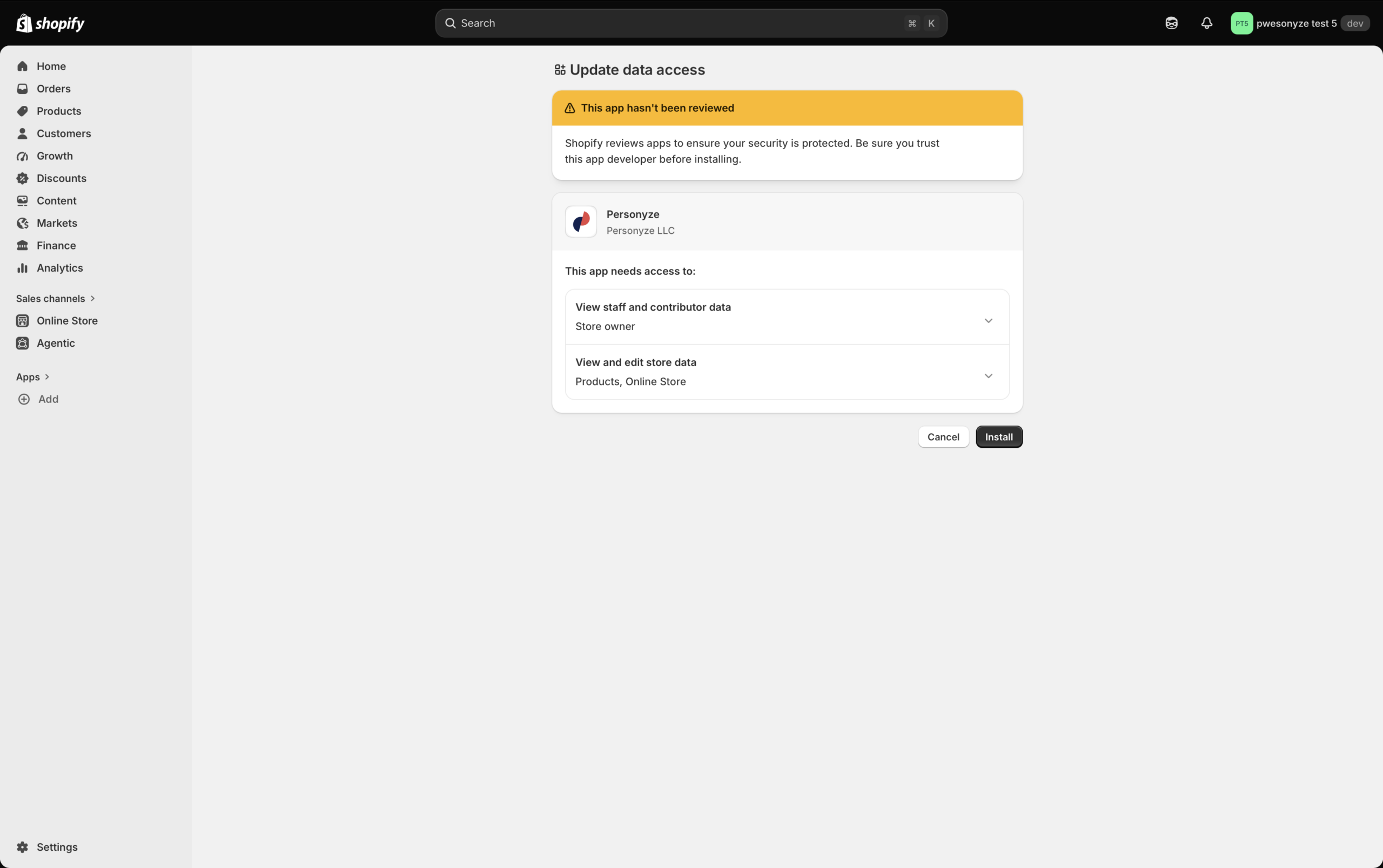 Shopify's Update data access screen for the Personyze app, listing the requested permissions - view staff and contributor data for the store owner, and view and edit store data for Products and Online Store - with Cancel and Install buttons