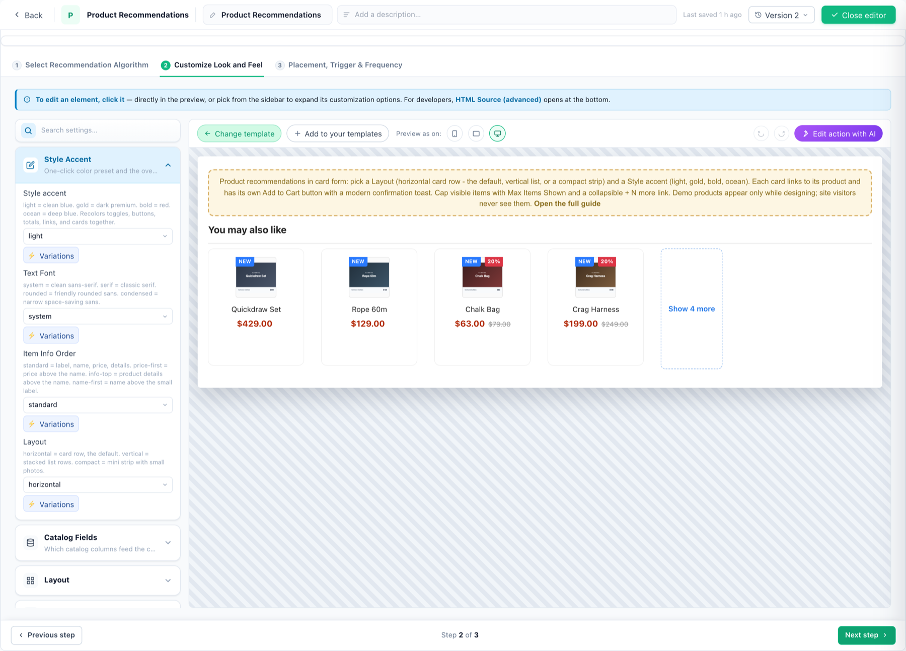 Sub-step 2 of the recommendation action editor: style accent, text font, item info order and layout controls beside a live preview of the widget rendering products with images, prices and sale badges