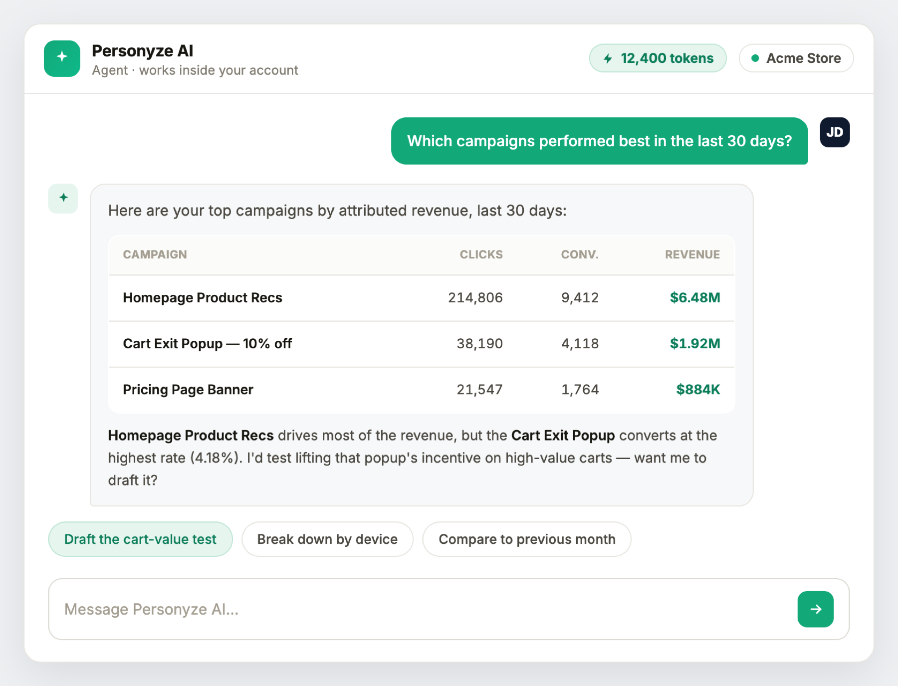The agent answers a performance question with the account's real numbers
