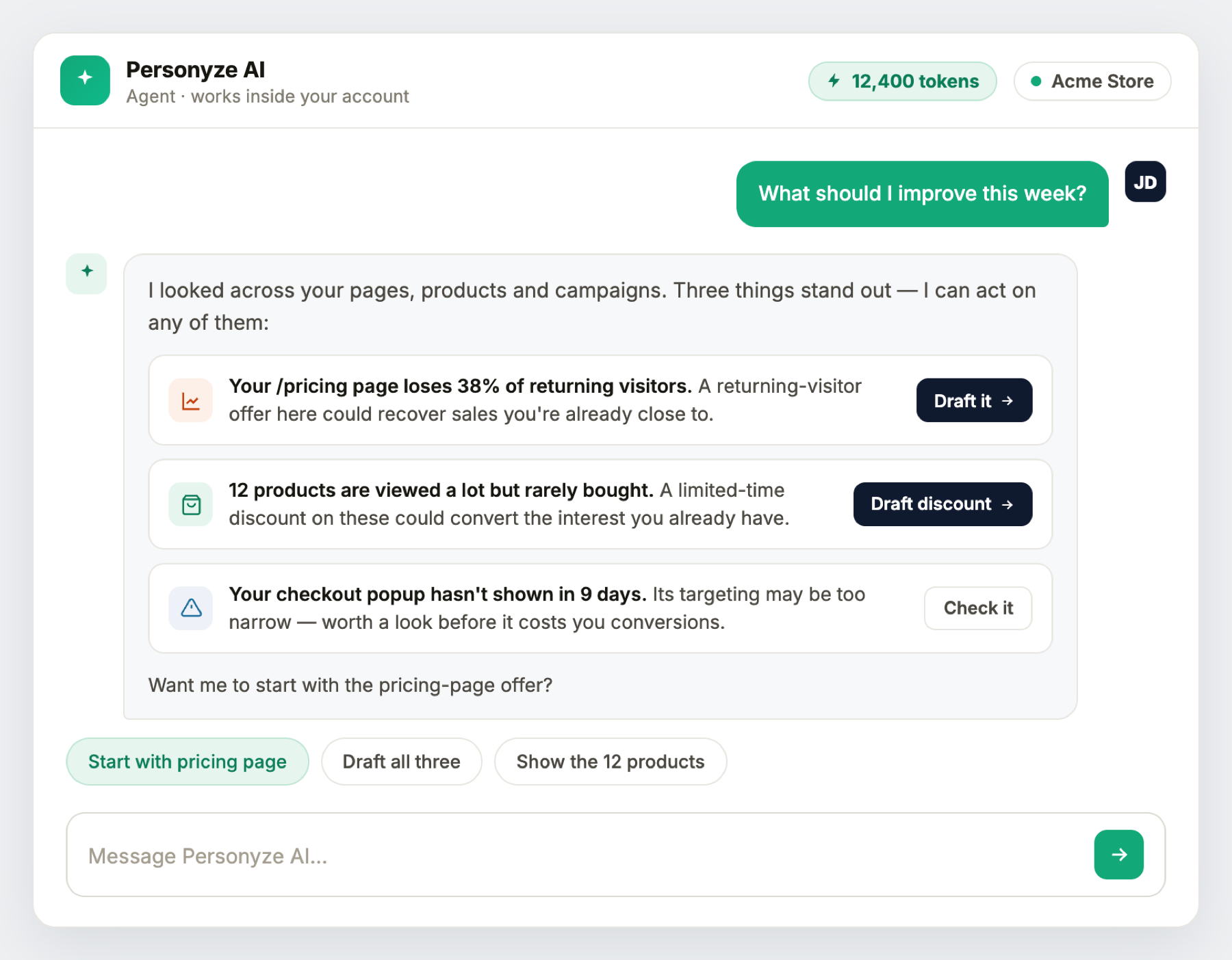The agent proposes pages to improve and products to discount