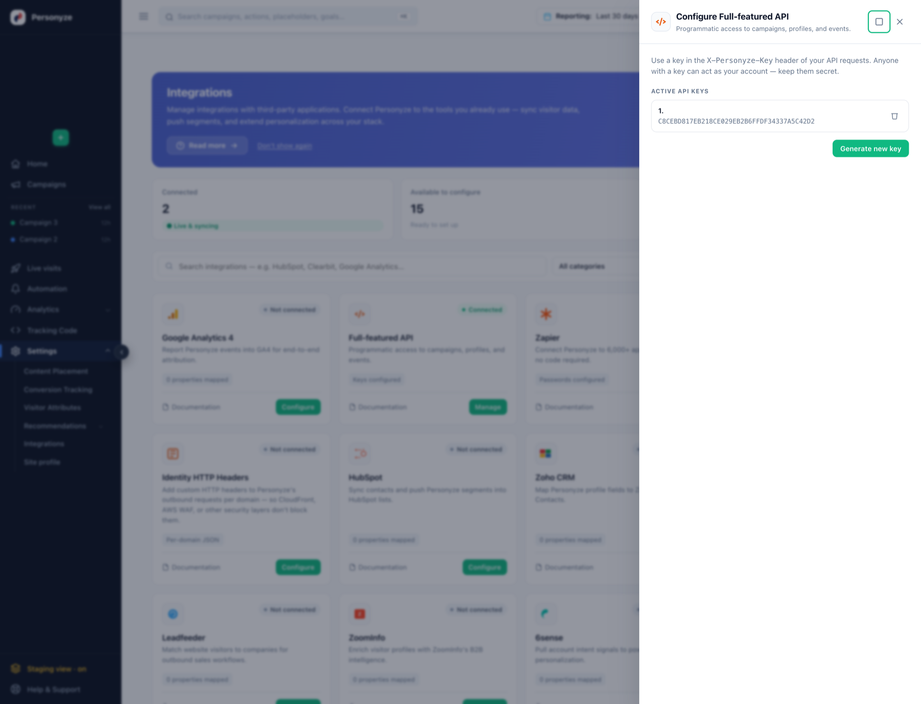 The Full-featured API drawer showing generated API keys