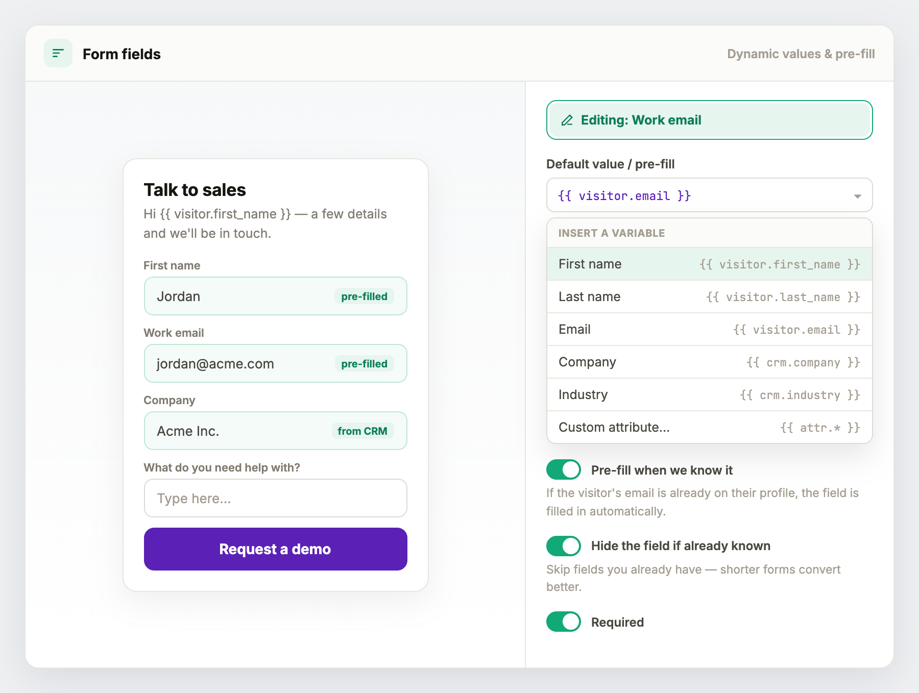 Dynamic variables and pre-fill in the form editor