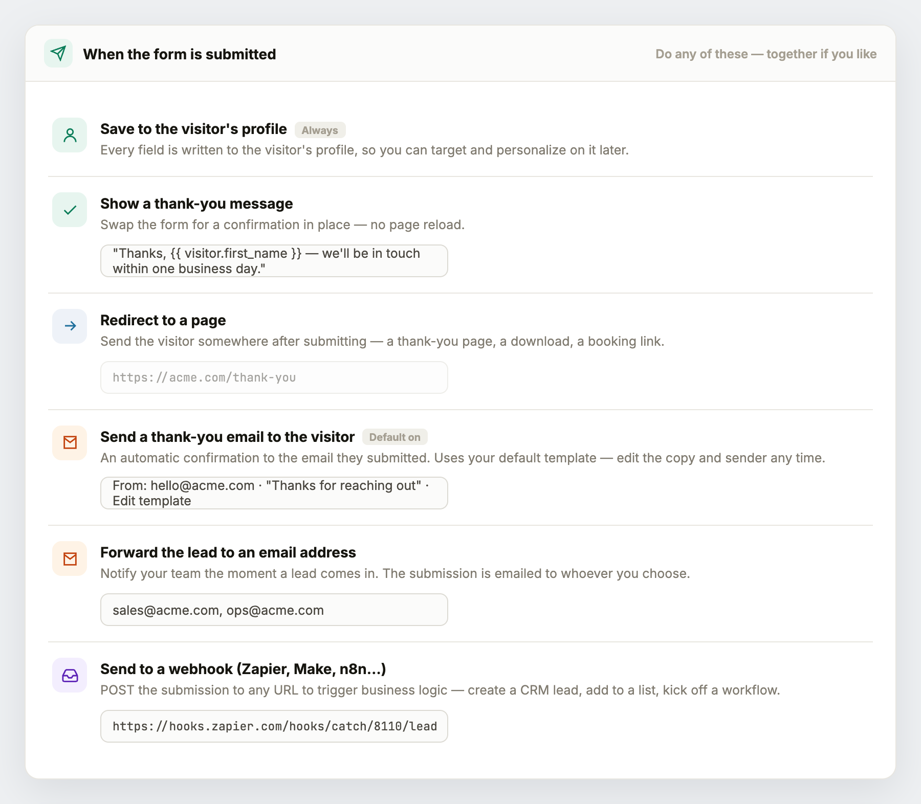 The on-submit options for a form action