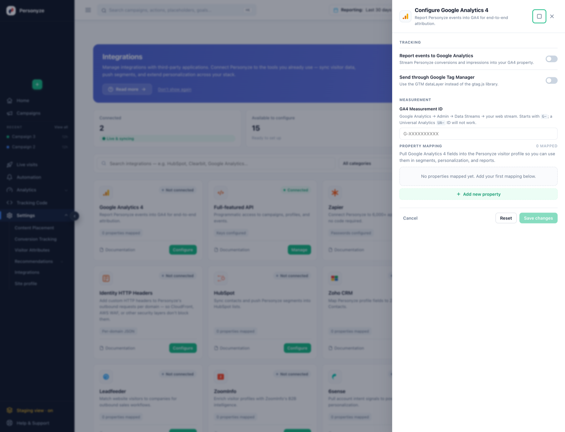 Configure Google Analytics 4 drawer in Personyze