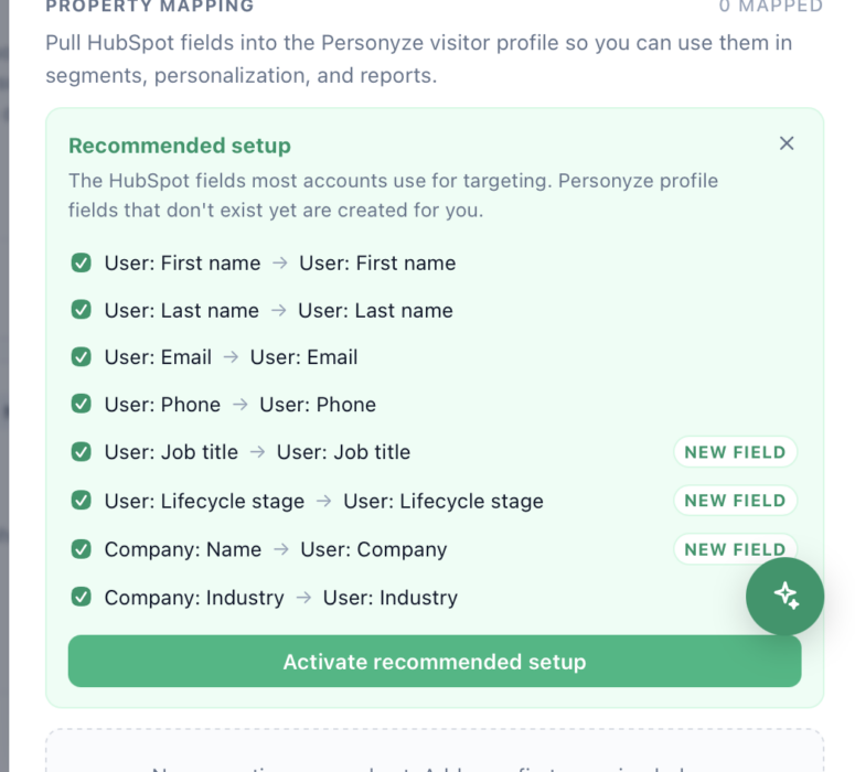 The Configure HubSpot drawer, showing property mapping with a one-click Recommended setup that maps First name, Last name, Email, Phone, Job title, Lifecycle stage, Company and Industry