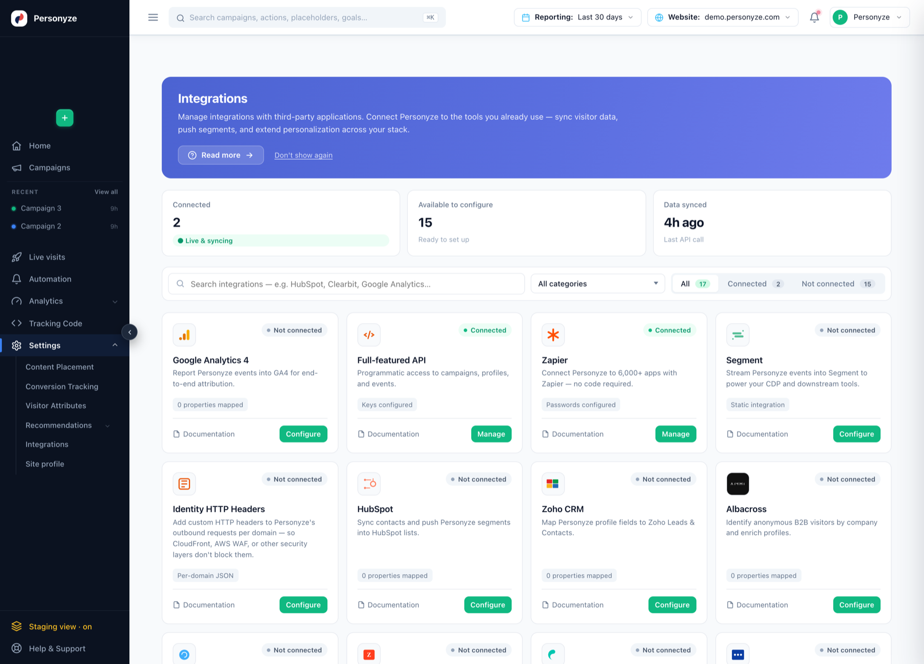 The Integrations page showing connected and available integrations grouped by category