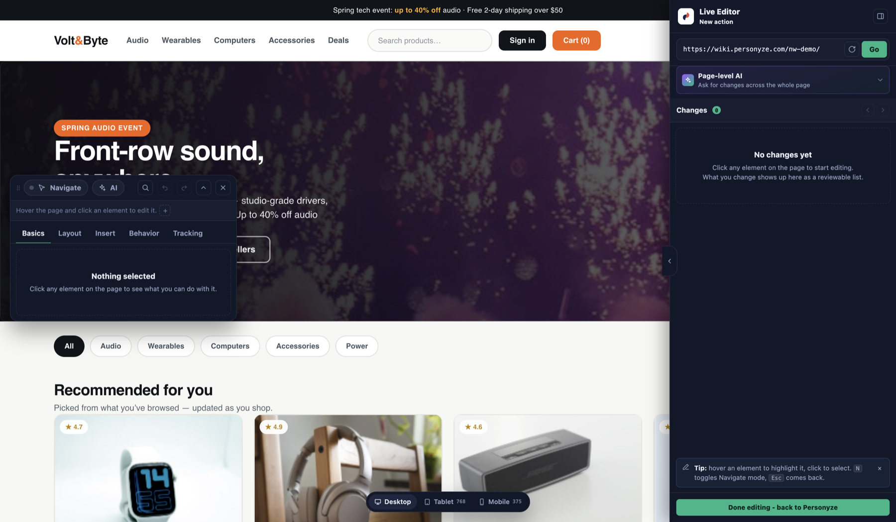Live editor open on a storefront