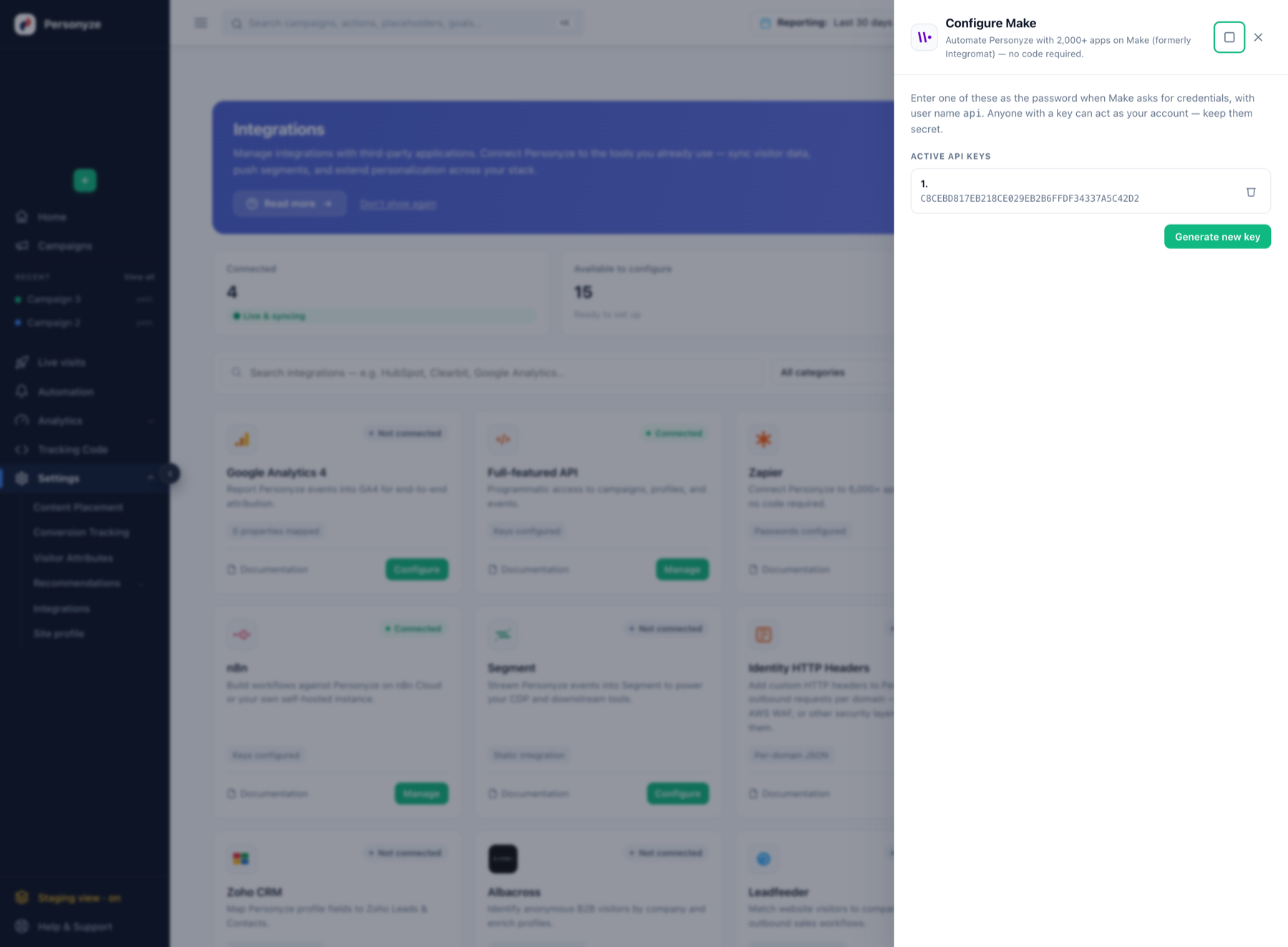 The Make integration drawer showing active API keys and the generate key button