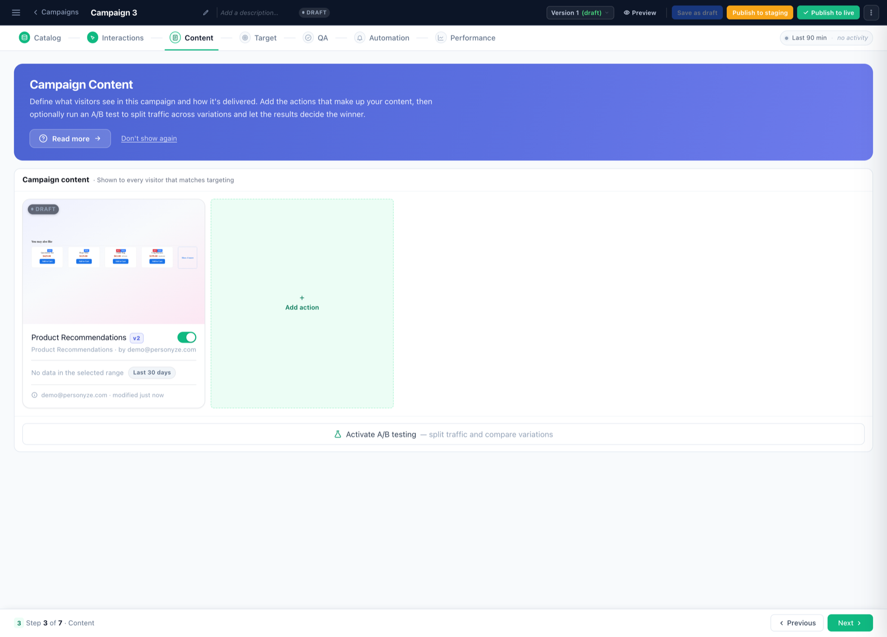 The Content step with a recommendation action added, showing a live preview of the widget rendering real catalog products with prices and Add to Cart buttons