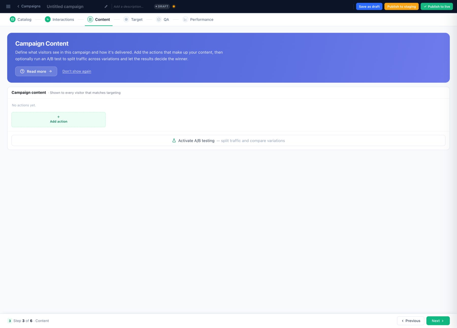 The Content step of the Product Recommendations wizard, where recommendation actions are added and A/B testing can be activated
