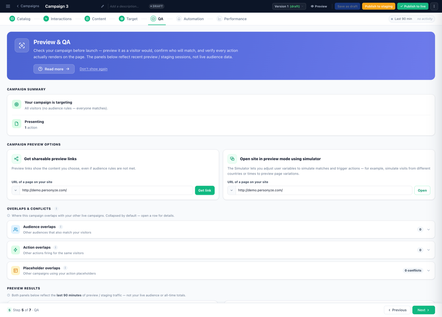 The QA step of a saved campaign showing the campaign summary, shareable preview links, simulator preview, overlaps and conflicts panels, and preview results