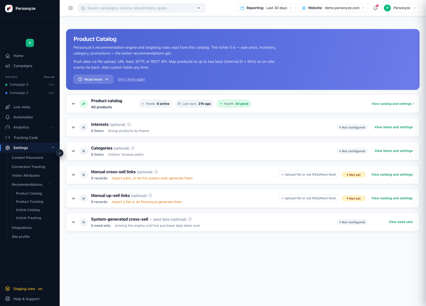 The Product Catalog page showing 40 products, active feed count, last sync time and catalog health, with options to push data by file upload, URL feed, SFTP or REST API