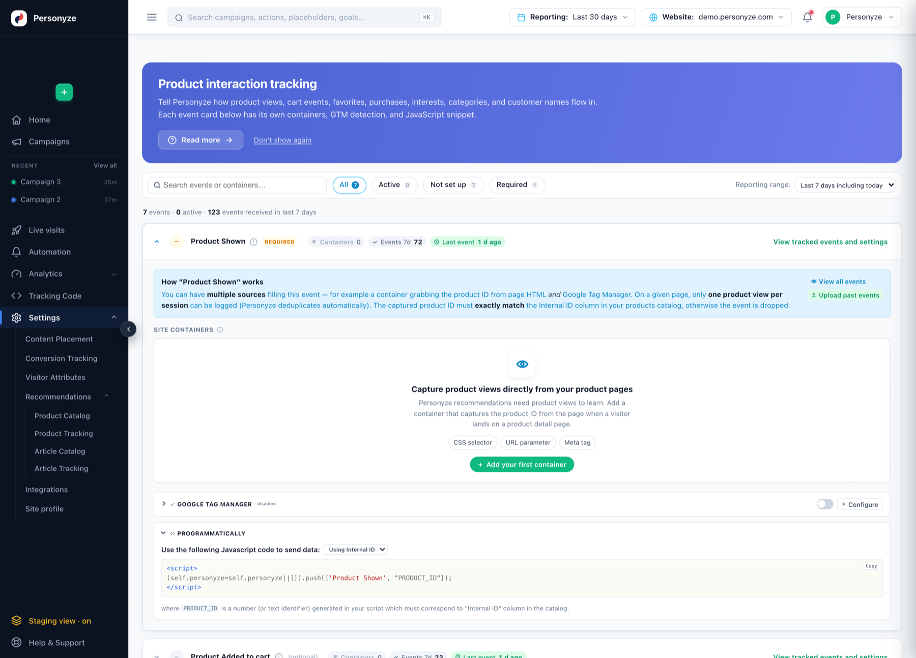 The Product interaction tracking page listing the seven trackable events with their container counts, events received in the last 7 days, and per-event setup