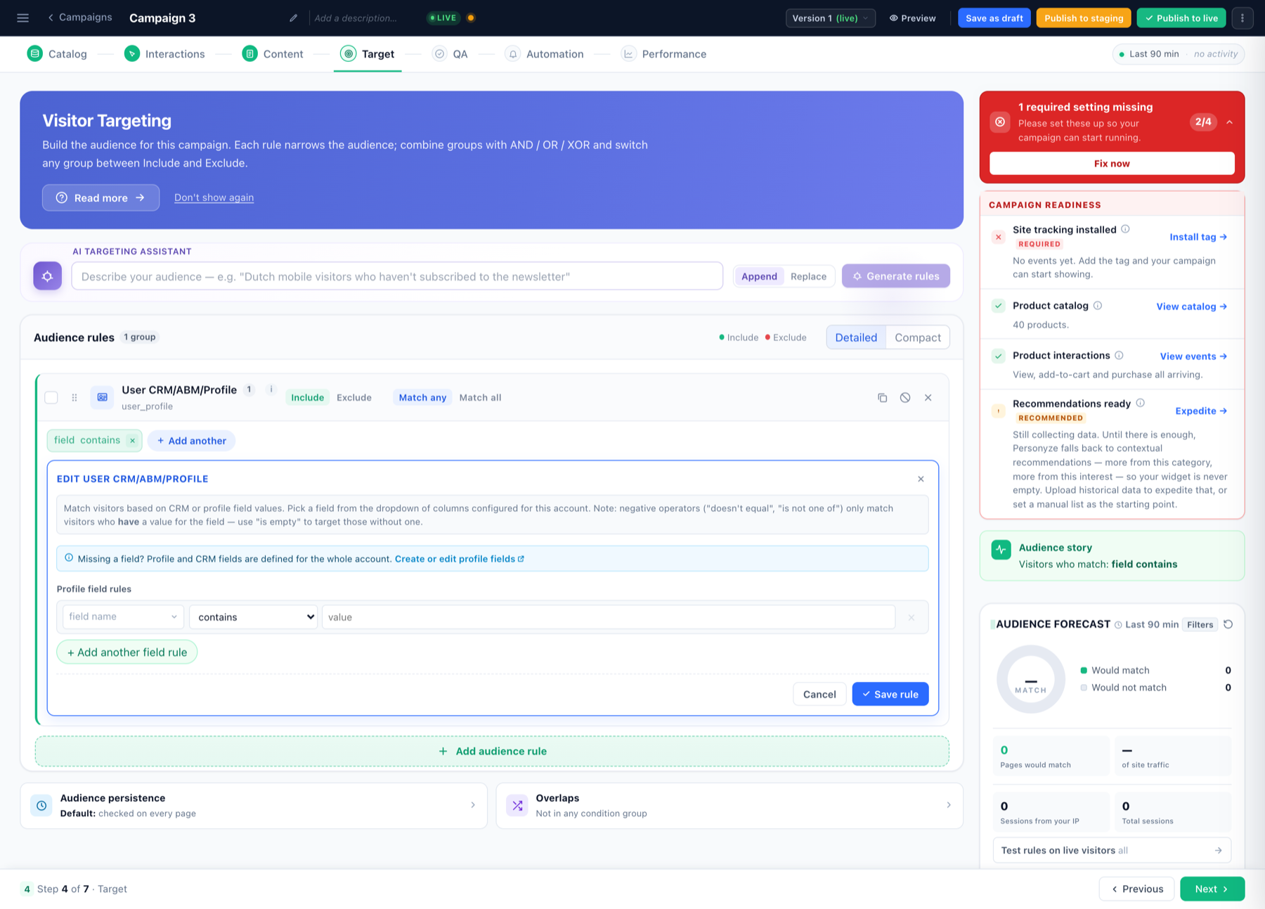 The User CRM/ABM/Profile targeting rule editor with its field selector and operator list