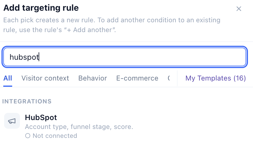The targeting rule picker searched for “hubspot”, showing only the HubSpot integration rule under the Integrations category