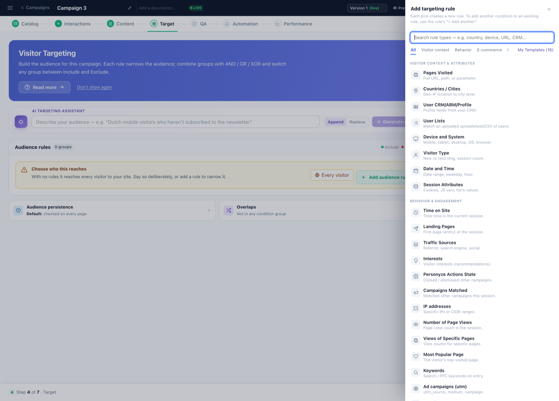 The Add targeting rule picker with categories for visitor context, behavior, e-commerce, content, integrations and saved templates