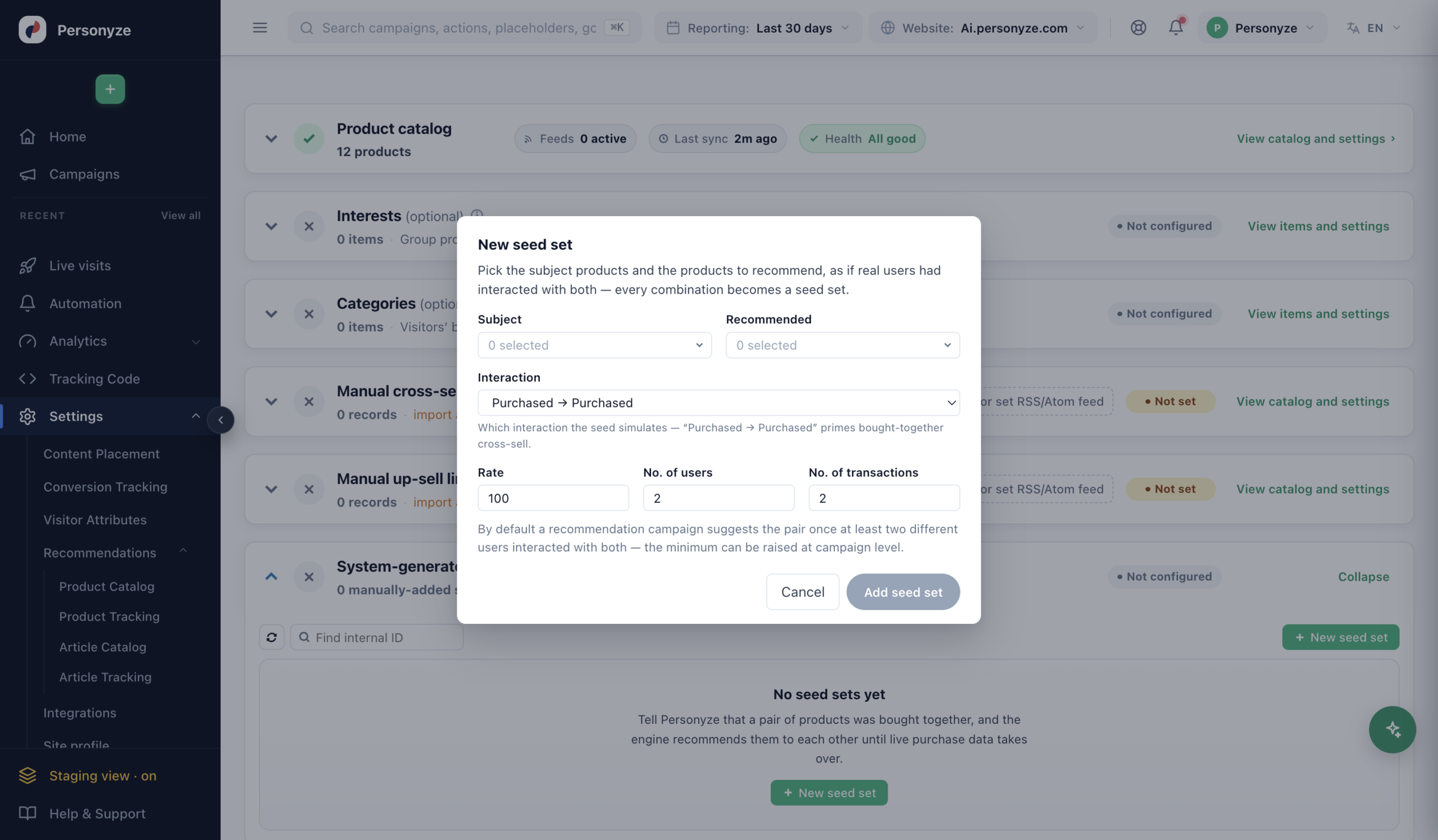 The New seed set dialog with Subject, Recommended, Interaction, Rate, users and transactions settings