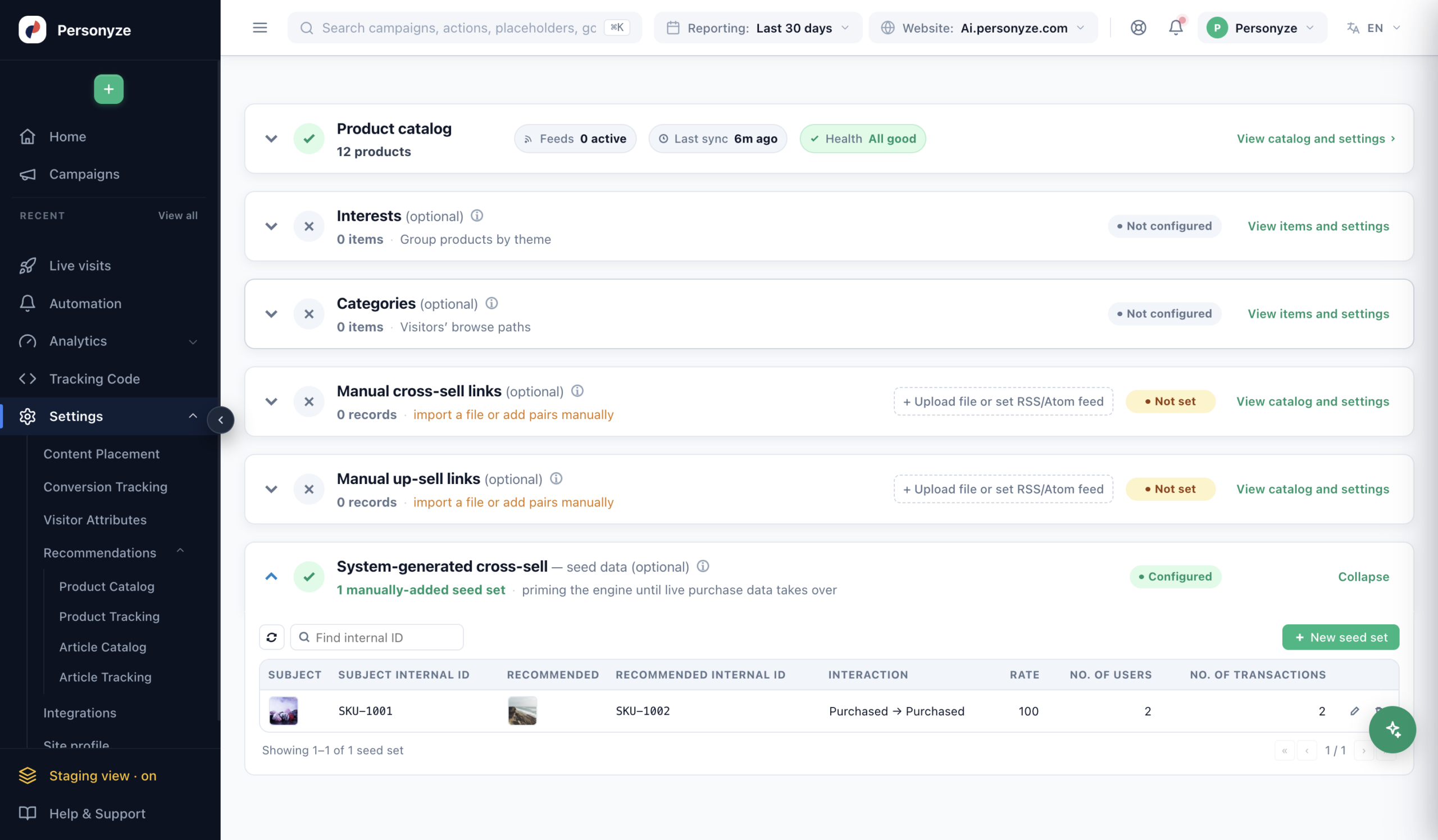 The seed-set list showing two configured seed sets with product thumbnails and their settings