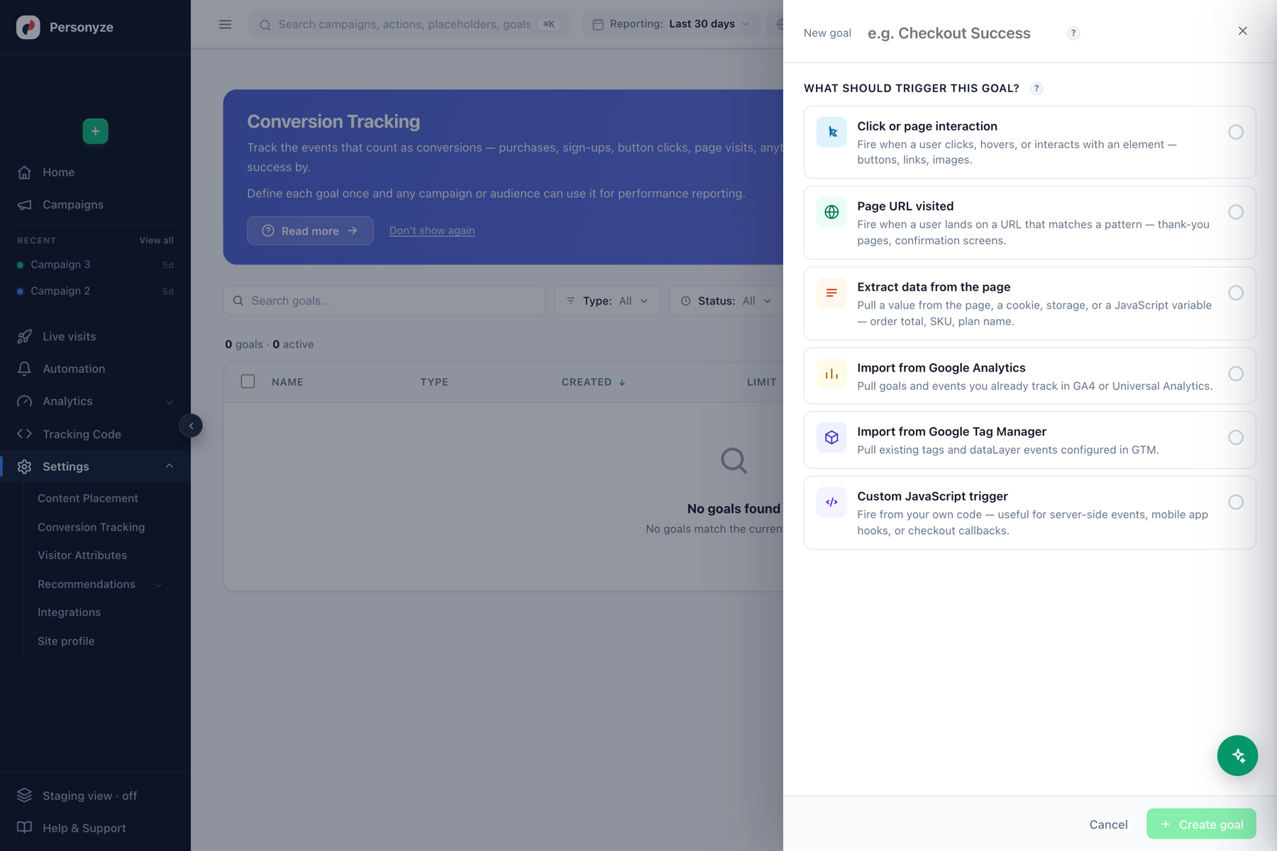 New goal dialog listing the six conversion trigger types
