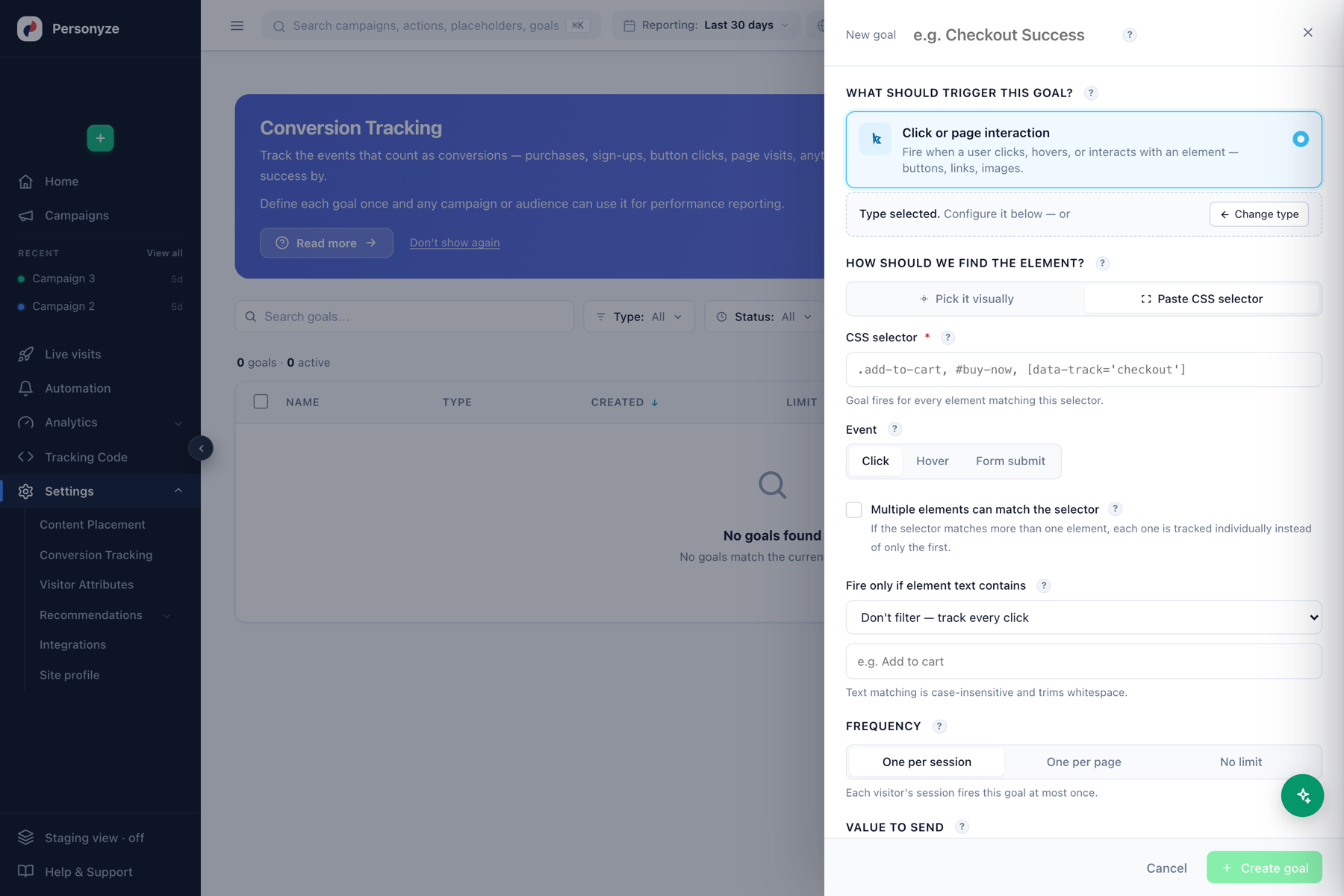 Click-interaction goal configuration drawer