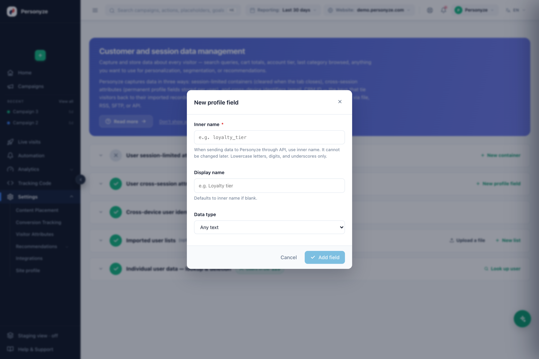 New profile field dialog with inner name, display name and data type