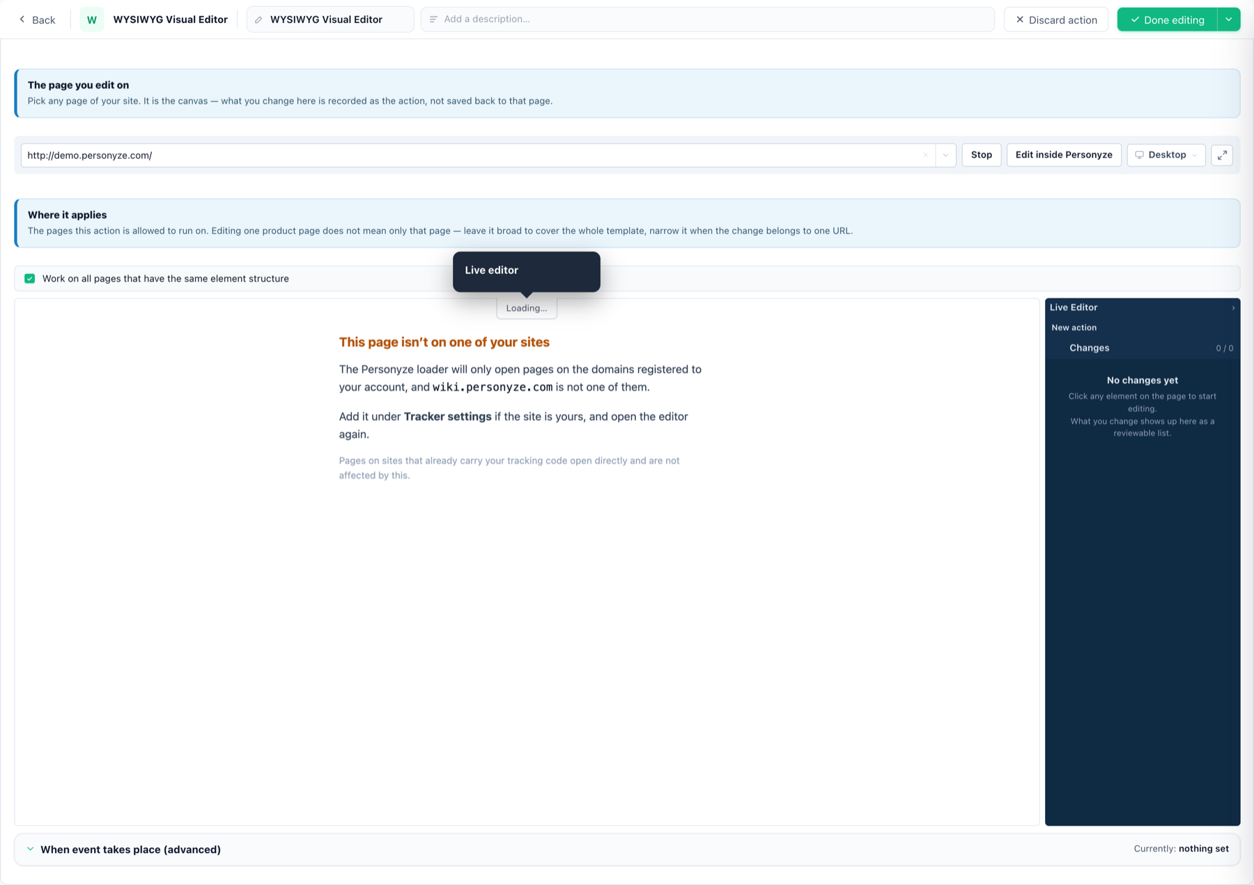 The Personyze live editor on a real page