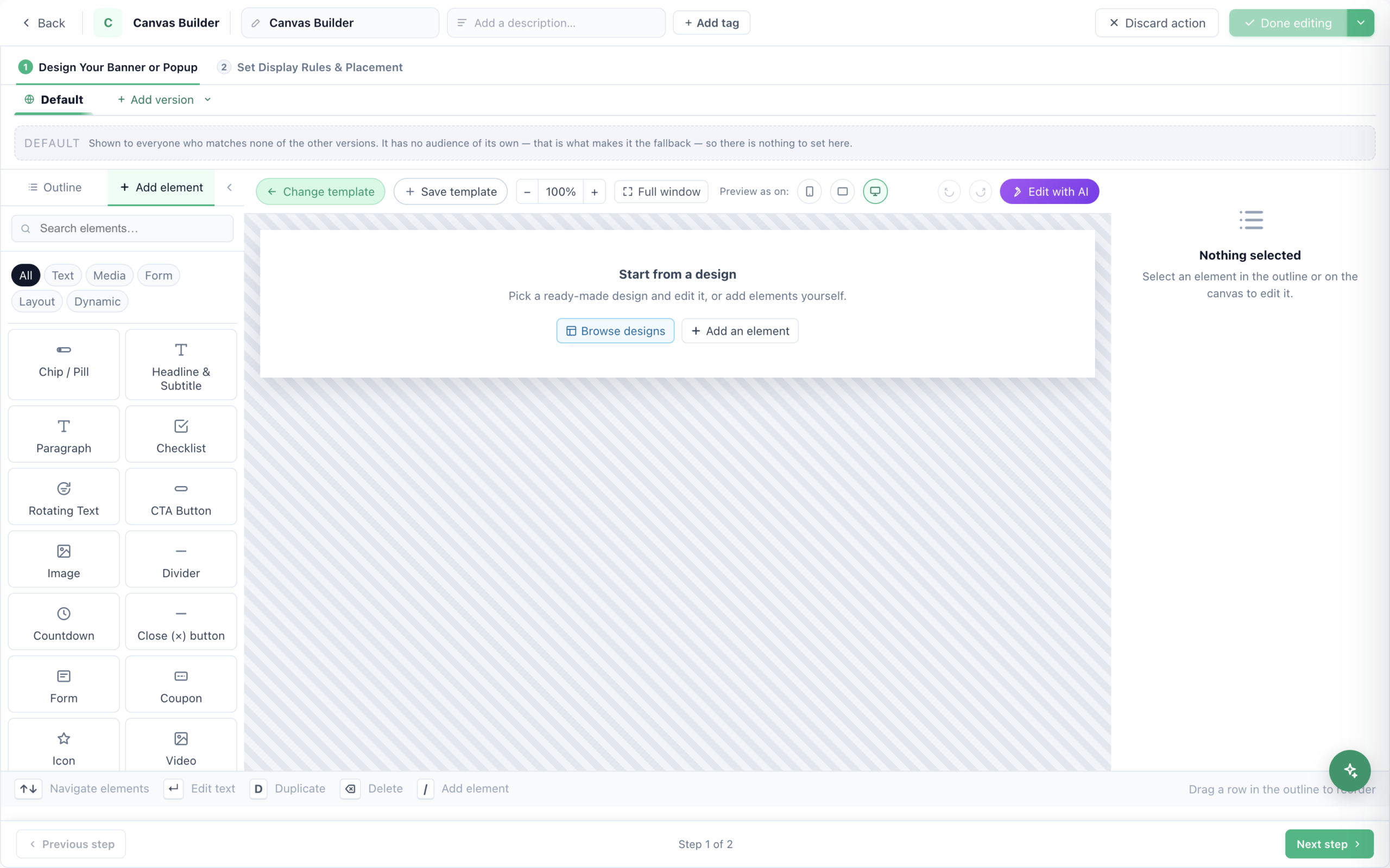 The element library in the Personyze Canvas Builder