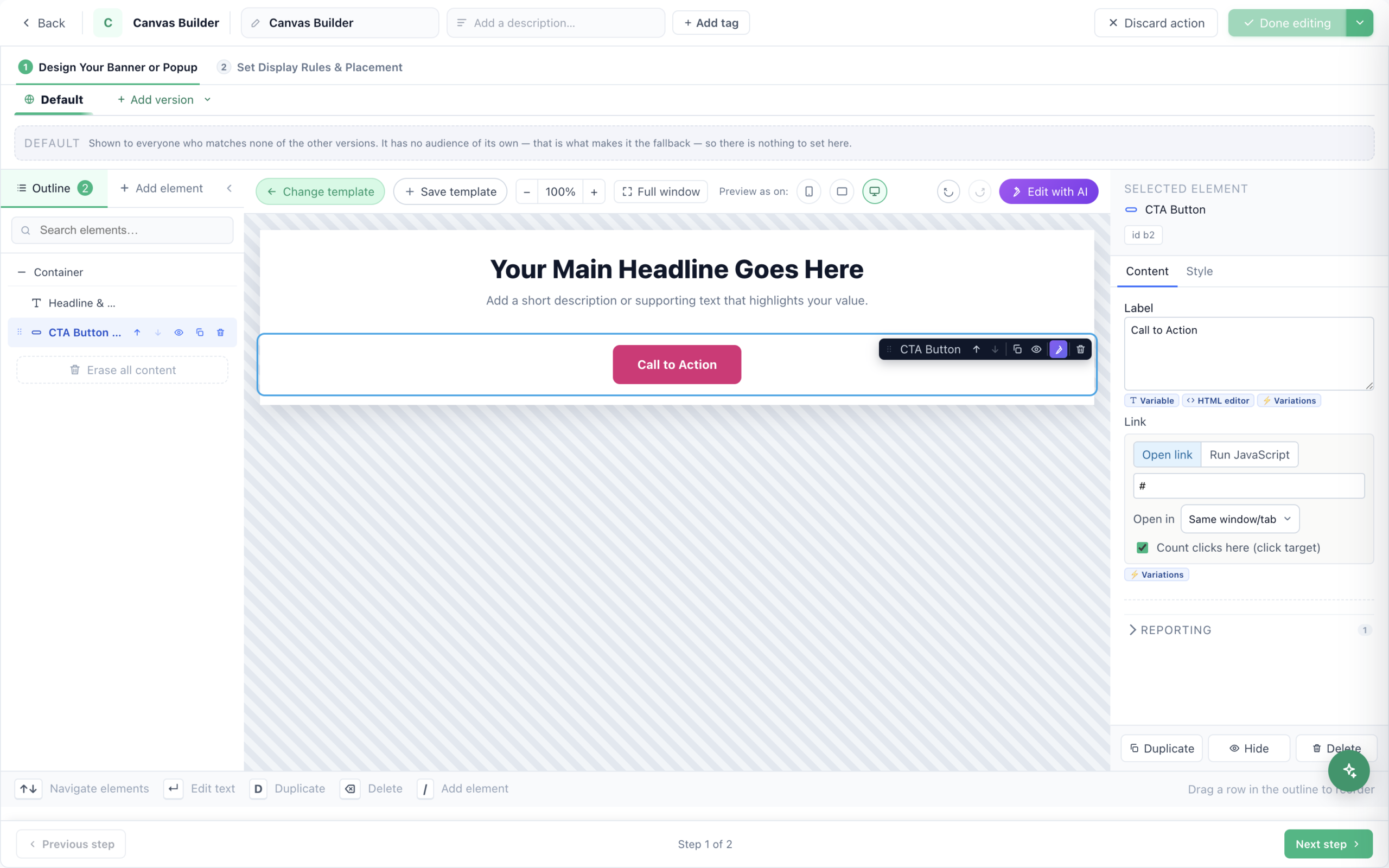 A popup being assembled in the Personyze Canvas Builder