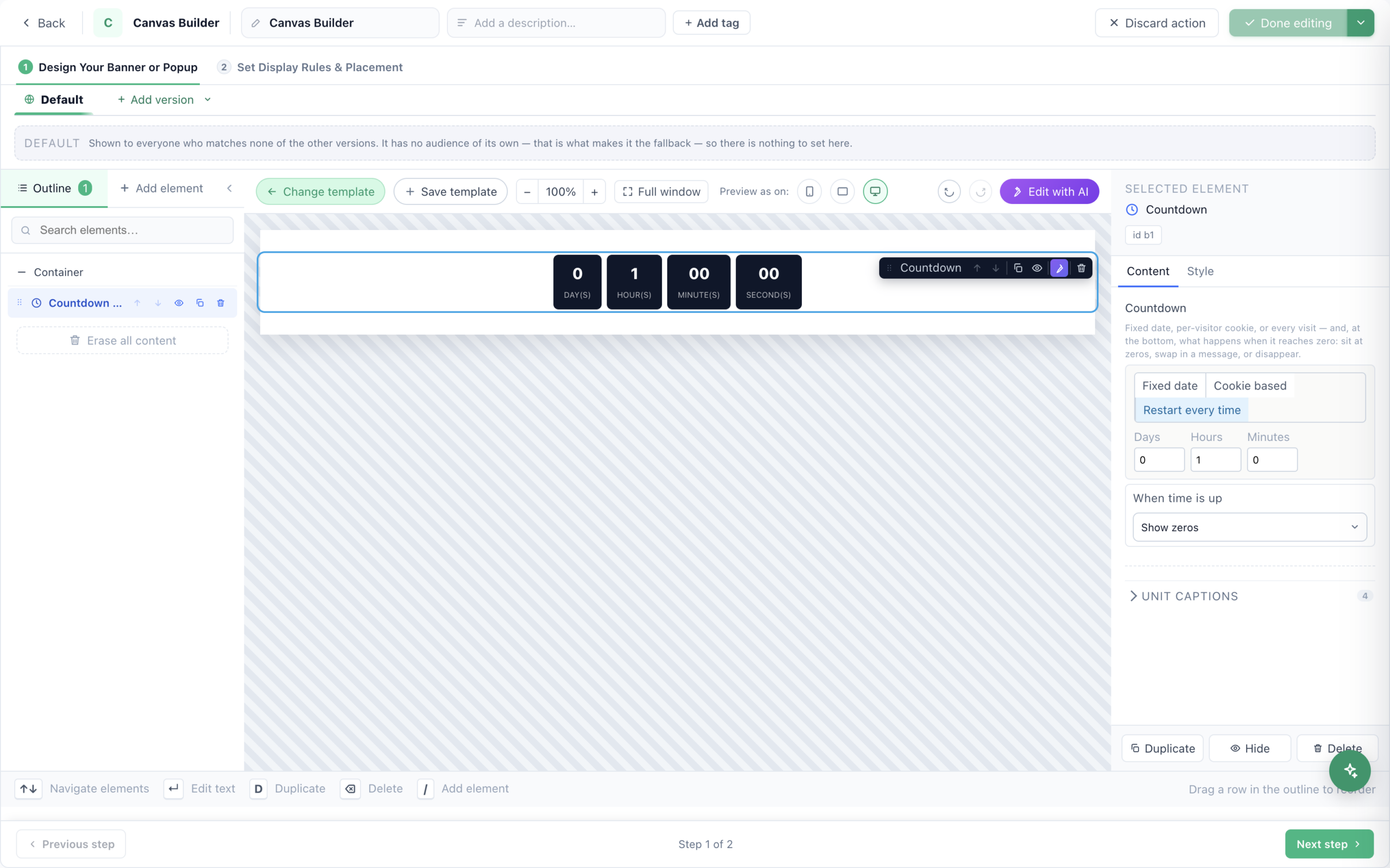 A countdown element’s Content tab in the Personyze Canvas Builder