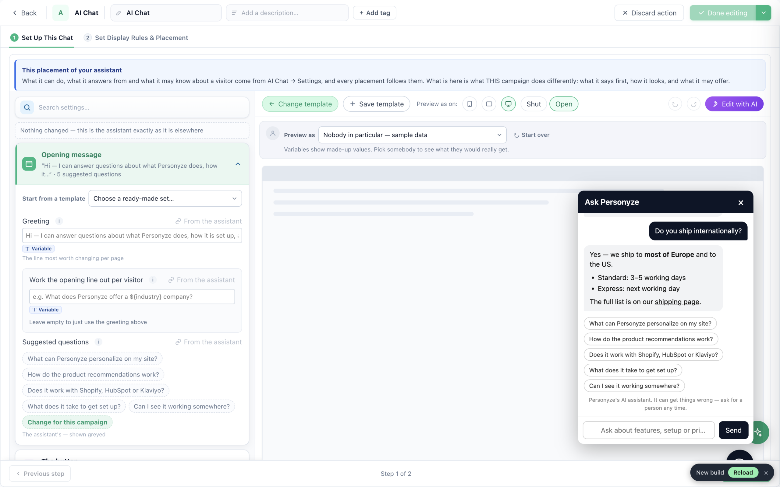 El diseñador de la acción Chat con IA en Personyze