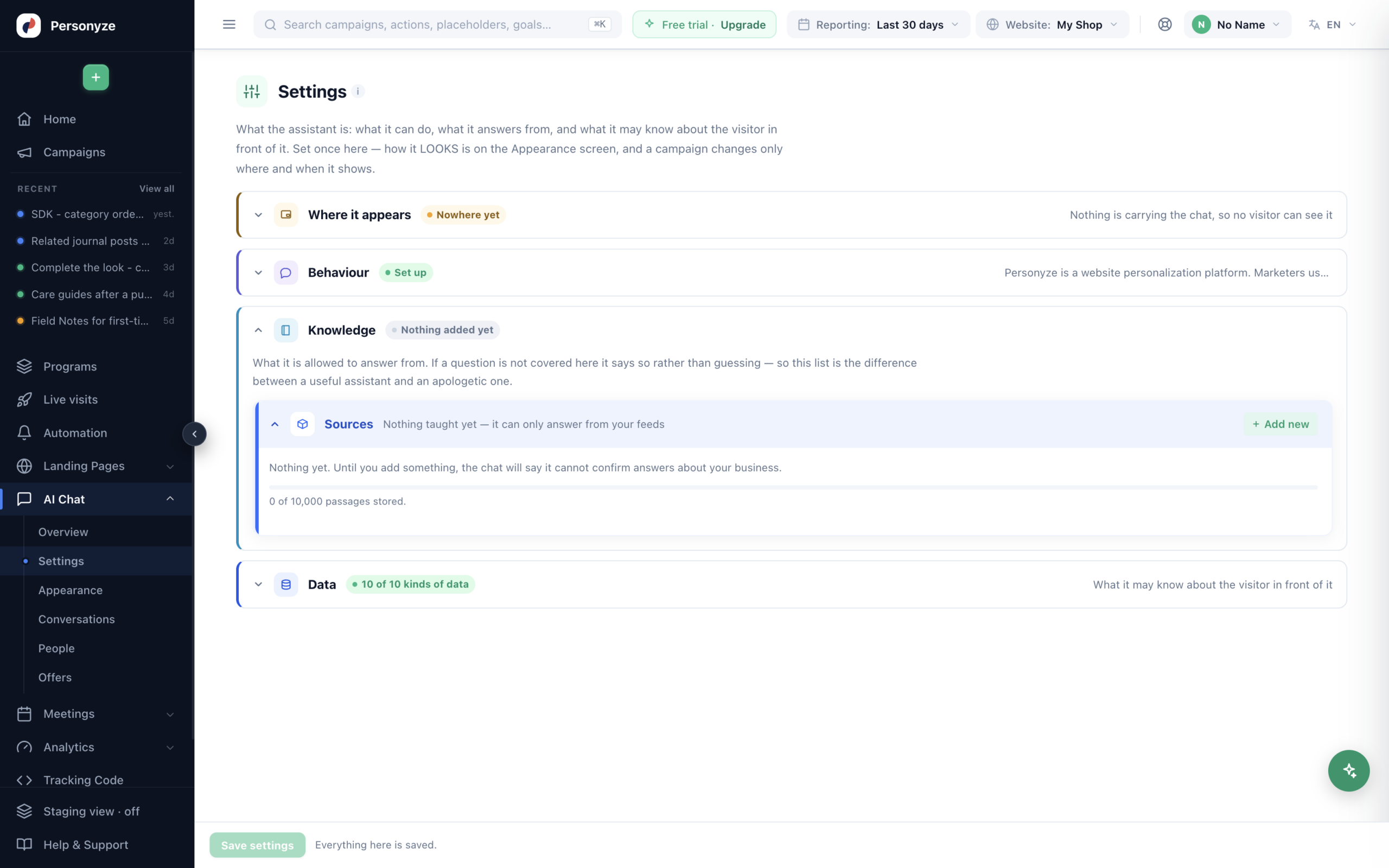 La sección Conocimiento de la configuración del Chat con IA