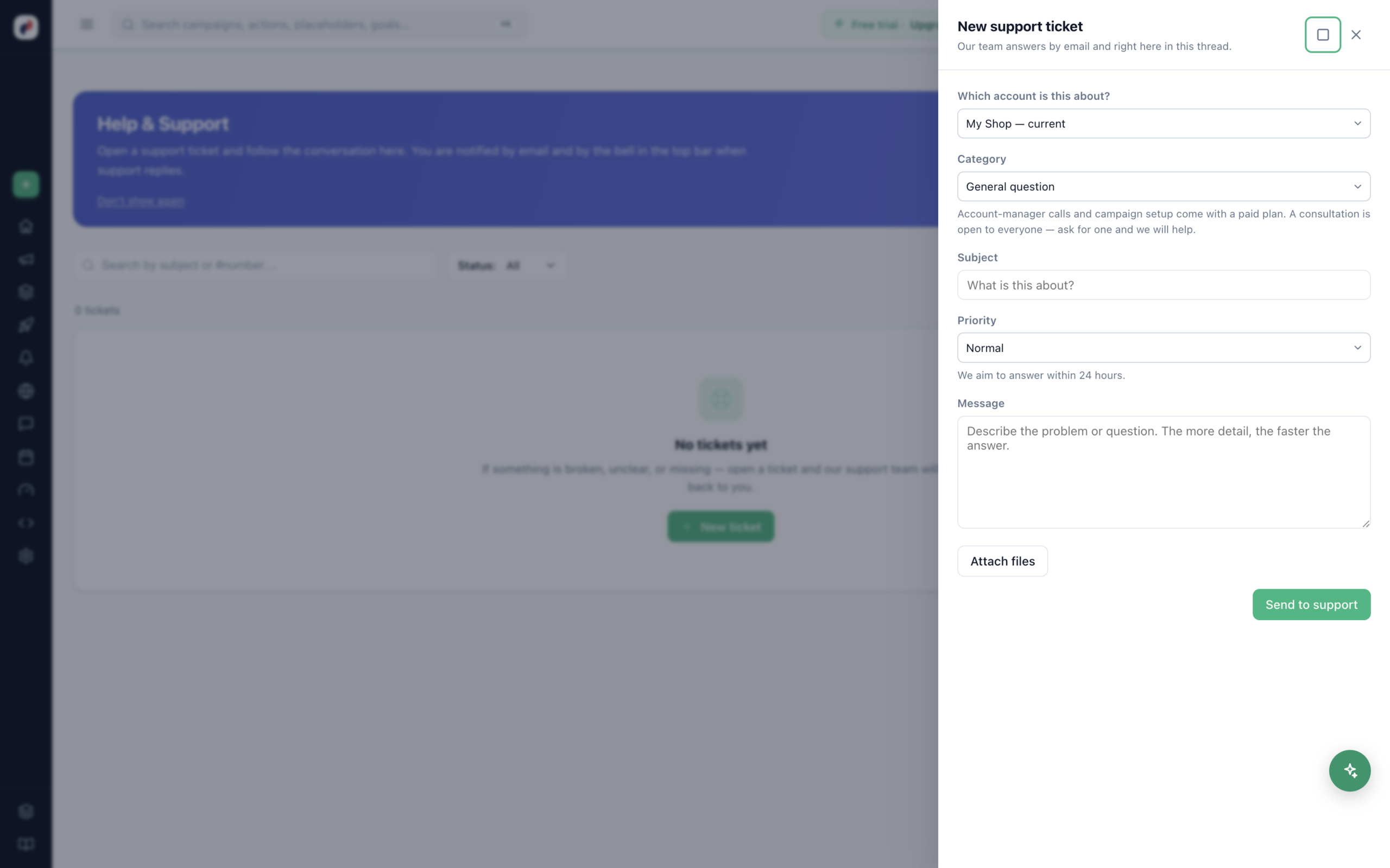 The new support ticket form in Personyze