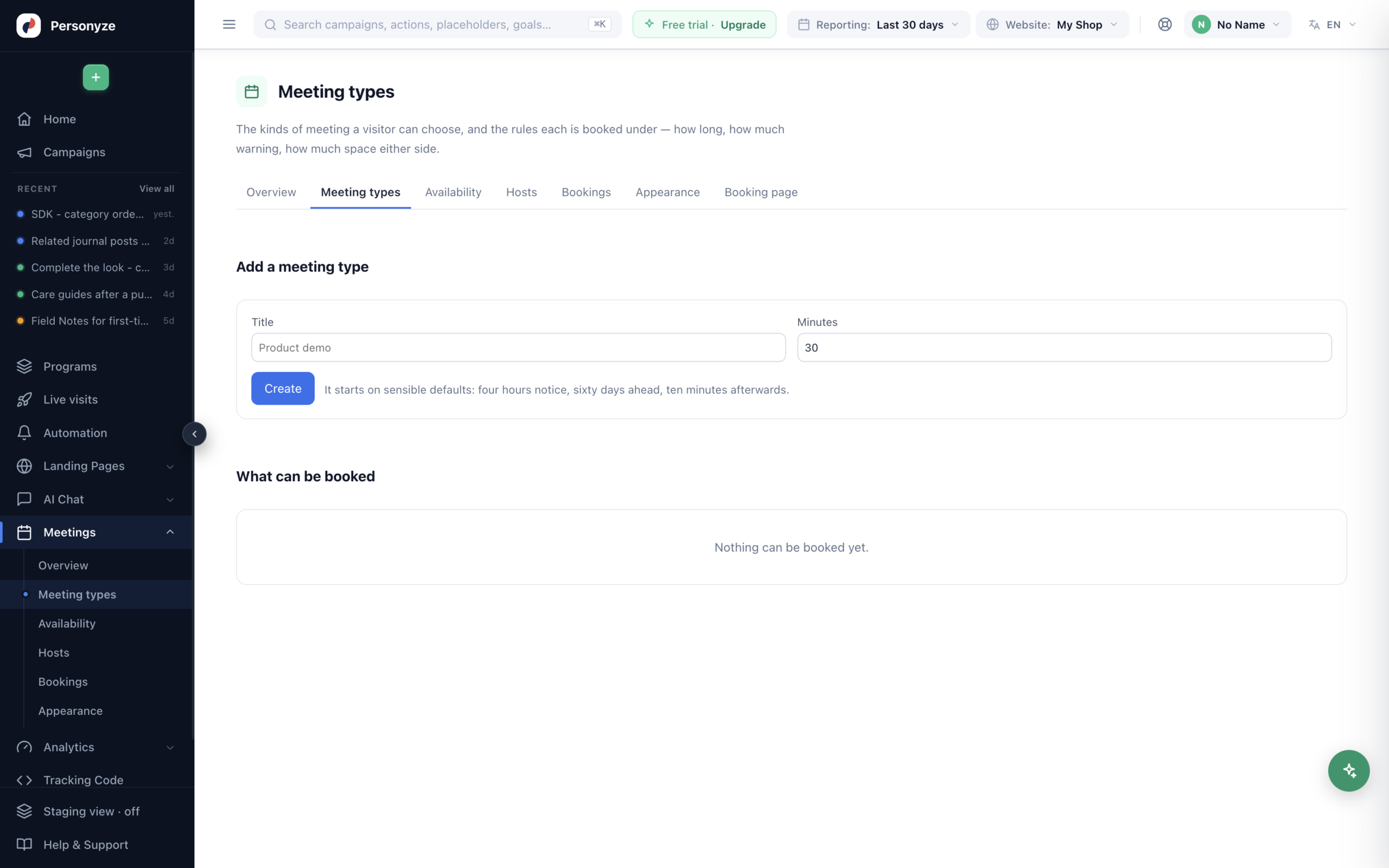 The Meeting types screen in Personyze Meetings