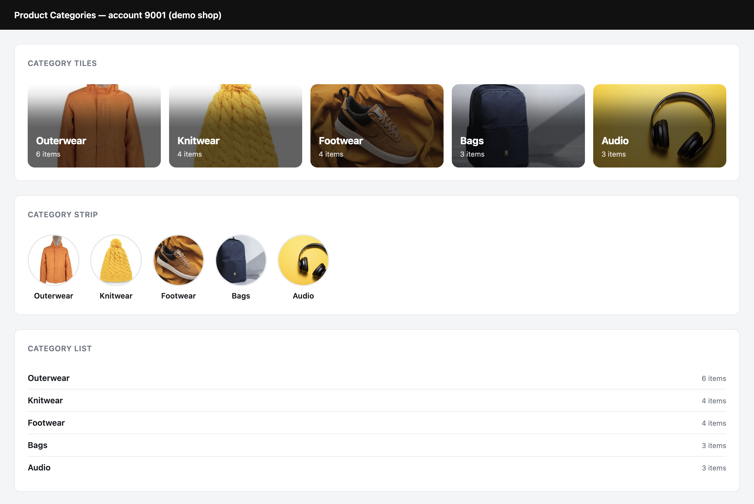 Three designs for a product-category recommender: tiles, strip and list