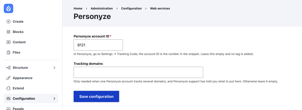 The Personyze settings screen in the Drupal admin