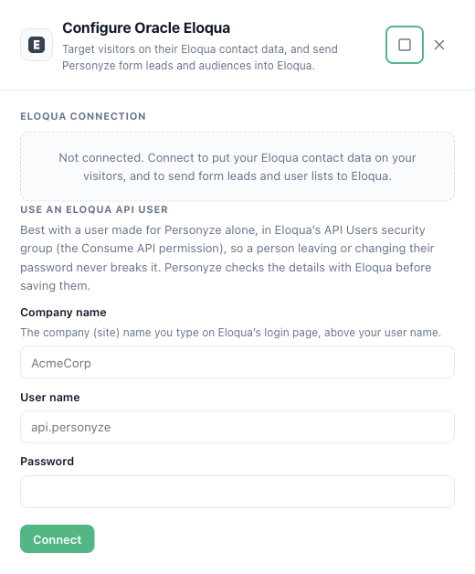 The Oracle Eloqua drawer in Personyze