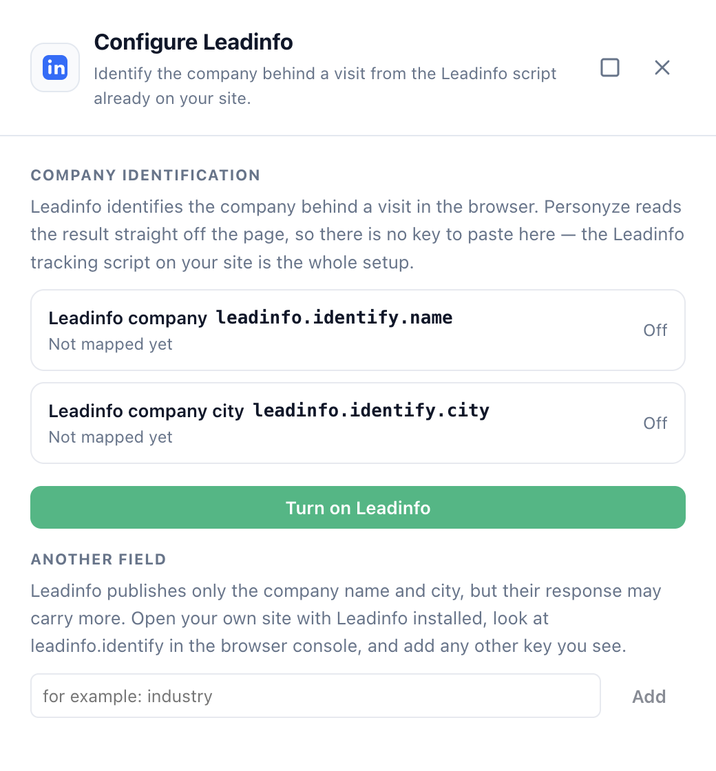 Leadinfo integration drawer in Personyze